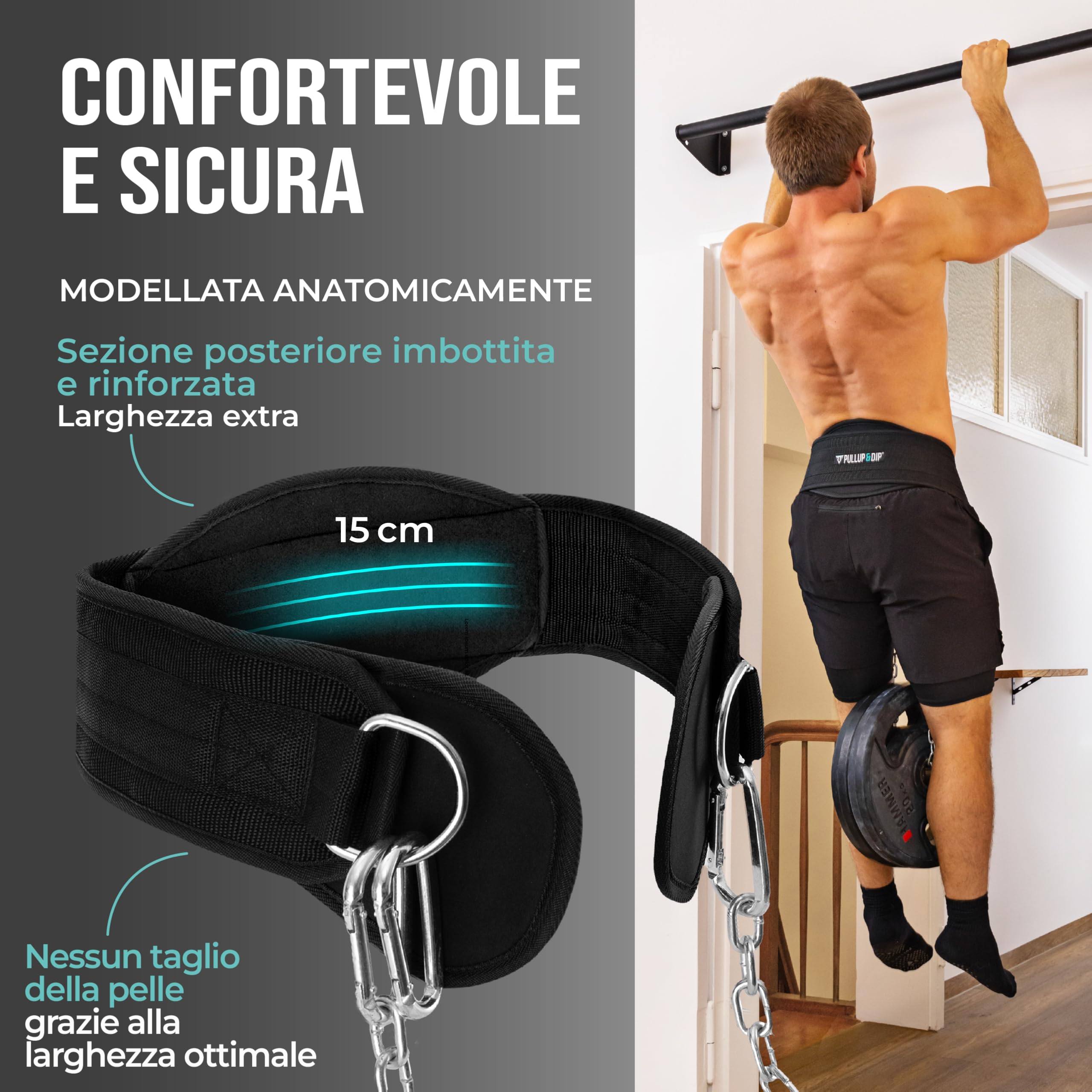PULLUP & DIP Cintura Zavorra Cintura per Sollevamento Pesi per Aumentare la Muscolatura, Cintura per Dip con Catena d'Acciaio e 3x Moschettoni, Cintura Palestra per Calisthenics e Allenamento