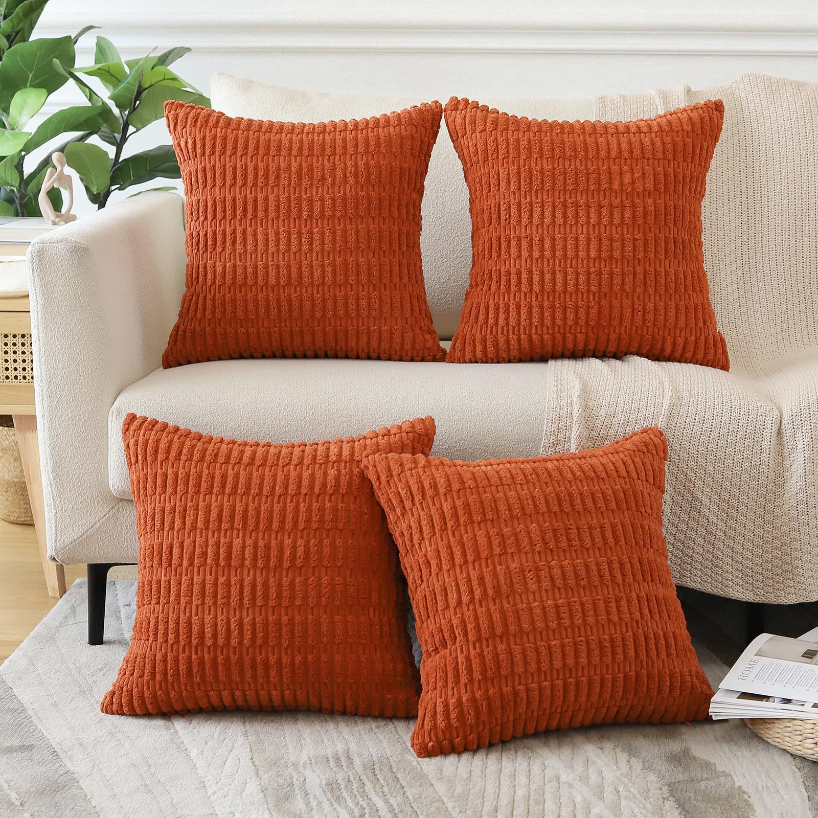 Sungeek Set of 4 Soft Corduroy Decorative Cushion Covers 50x50cm Square Striped Throw Pillow Covers 20x20 Inch for Sofa Couch Living Room Patio Farmhouse Boho Home Decor Pillowcases (Rust) - Image 2