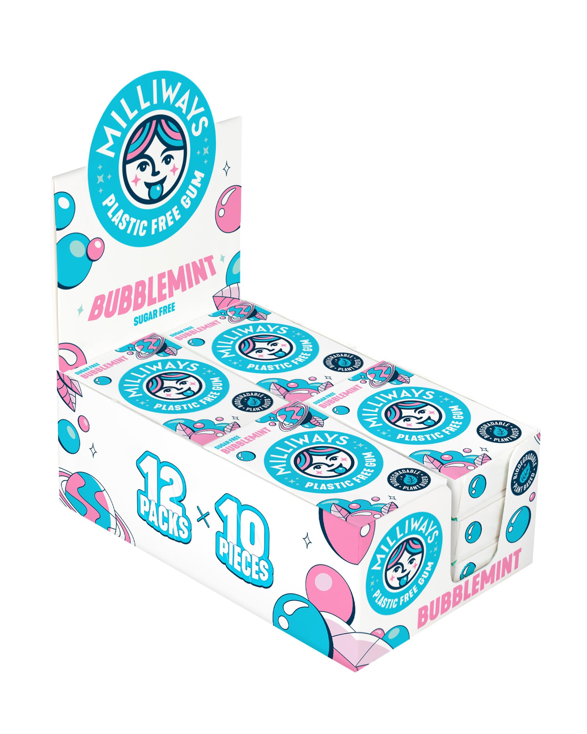Milliways Bubblemint Chewing Gum, Plastic Free, Sugar Free, Aspartame Free, Natural | 12 Packs of 10 Pieces (120 Pieces Total) | Xylitol, Plant-Based, Biodegradable
