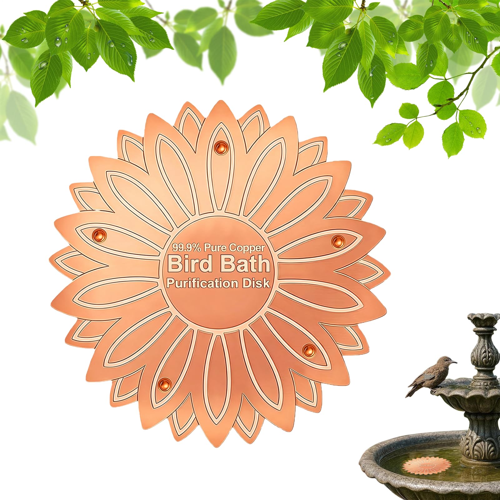 Bird Bath Copper Disk, 99.9% Pure Copper Cleaning Disk, Triple Point Support Purification Disc, Self Cleaning Water Purification Disc, All Season Floral Purifications Panel for Backyard Courtyard