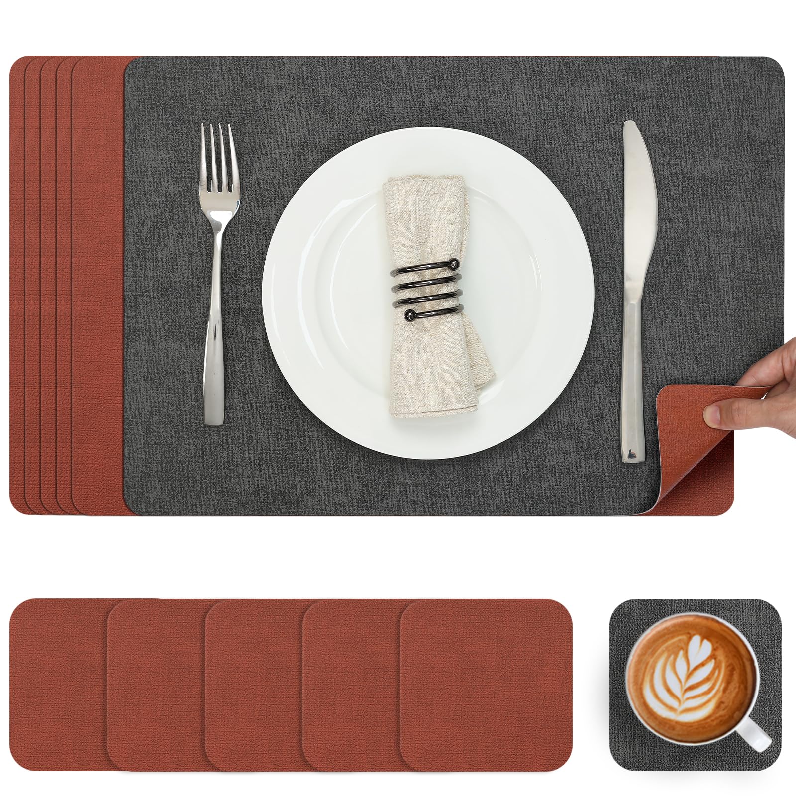 Myir JUN Placemats and Coasters Set of 6, Place Mats Dual Sided Faux Leather Table Mats PU Indoor Outdoor Heat Resistant Placemat Square Non Slip Wipeable Washable Dining Restaurant (Gray Terracotta)