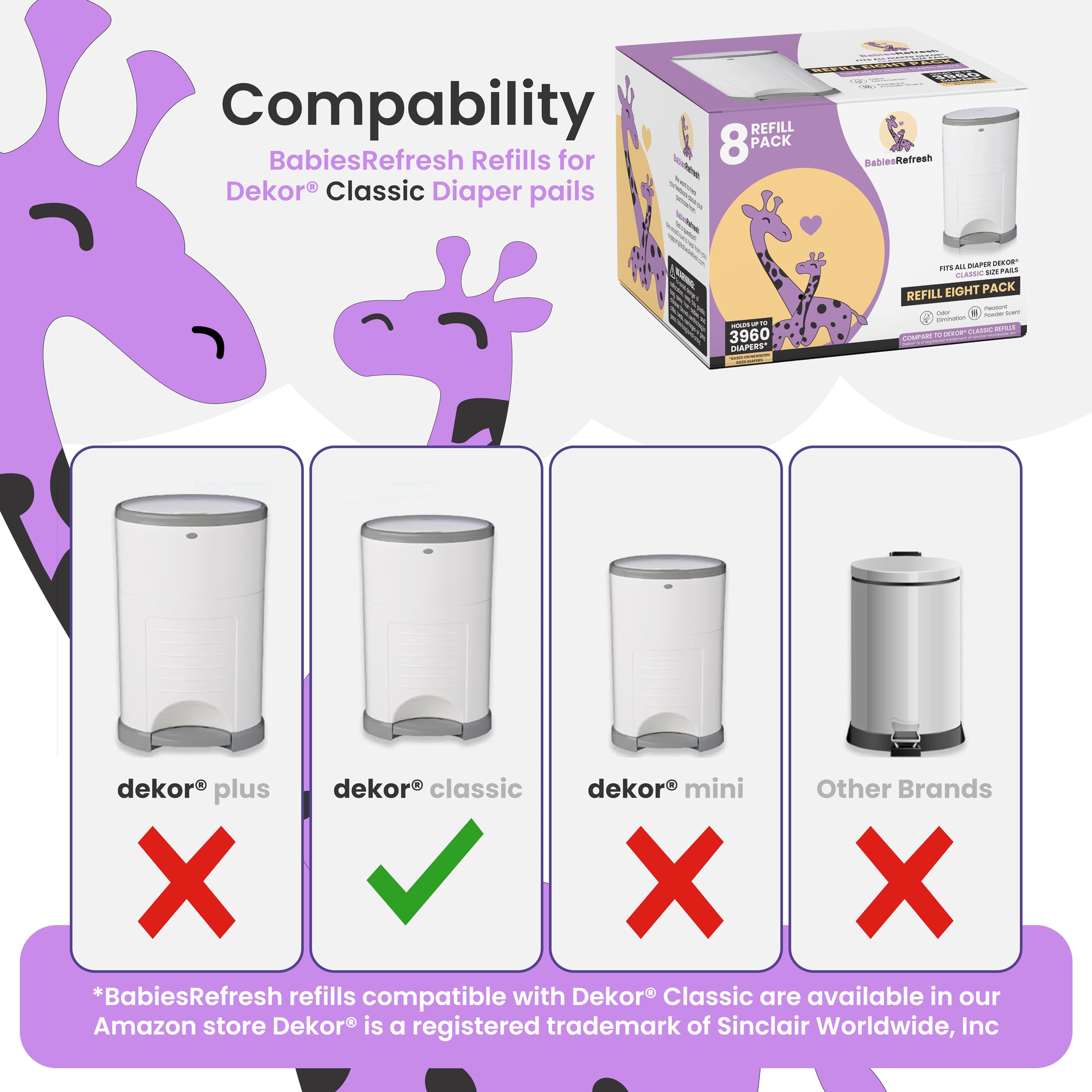 Recambios compatibles con recambios DEKOR CLASSIC para cubos de pañales | Paquete de 8 | Eliminador de olores | Aroma a polvo fresco | Cada recambio de bolsa de pañales tiene capacidad