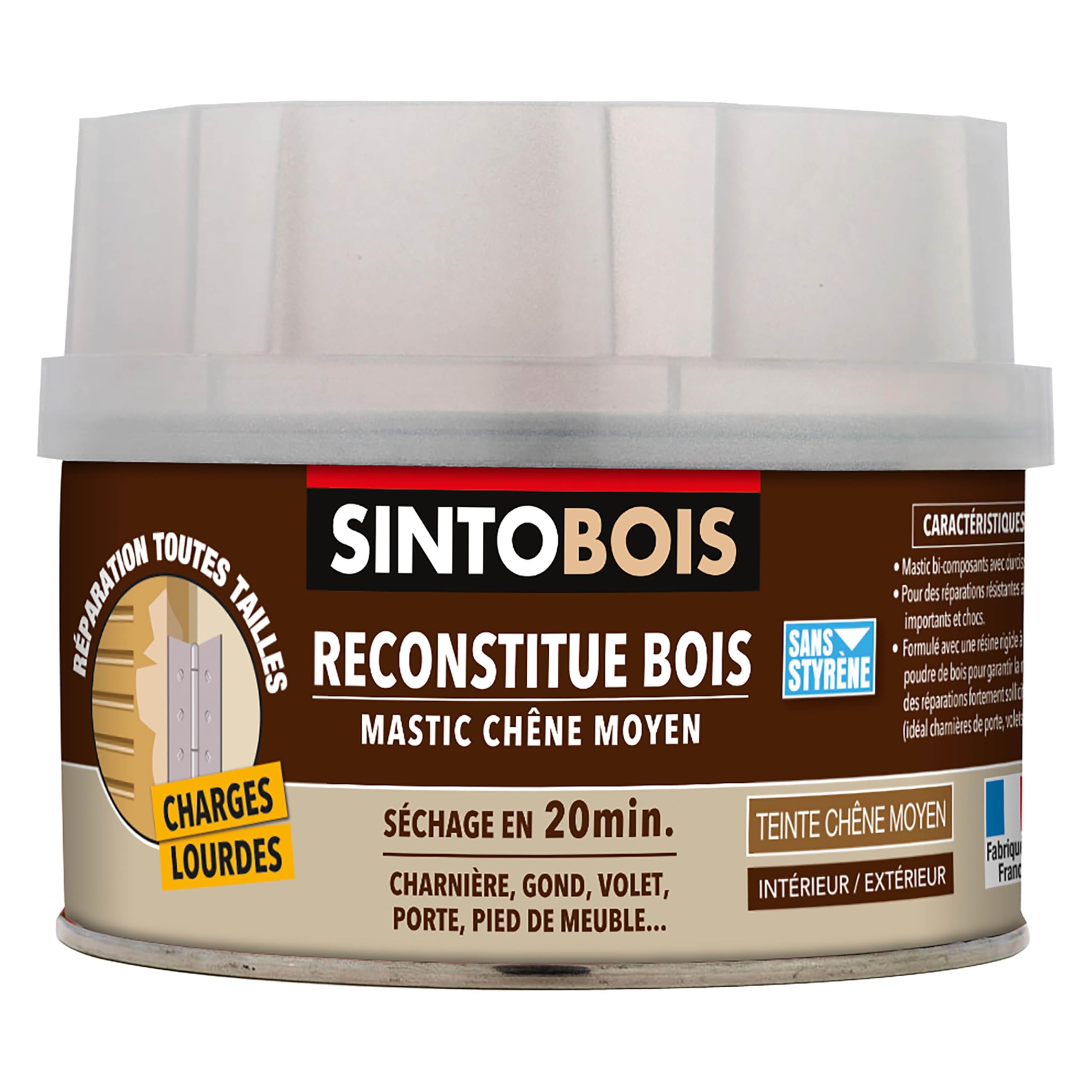SINTO Mastic reconstitue bois charges lourdes chêne moyen 170ml | Résistant aux chocs et poids importants, sec en 20 min, répare charnières gonds volets et portes, intérieur et extérieur