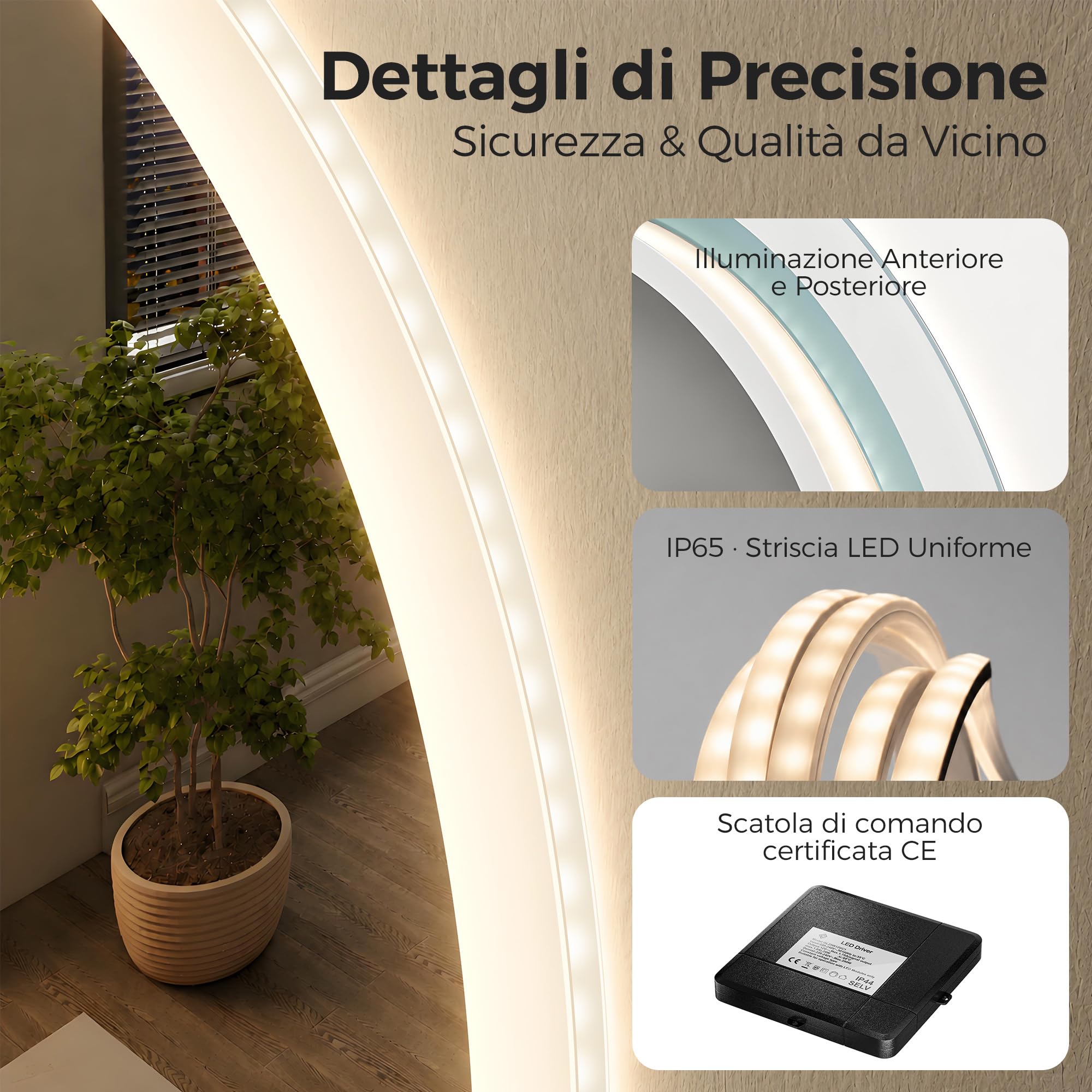 STARLEAD Specchio da bagno rotondo da 80 cm, con illuminazione, Bluetooth, lente d'ingrandimento 5x