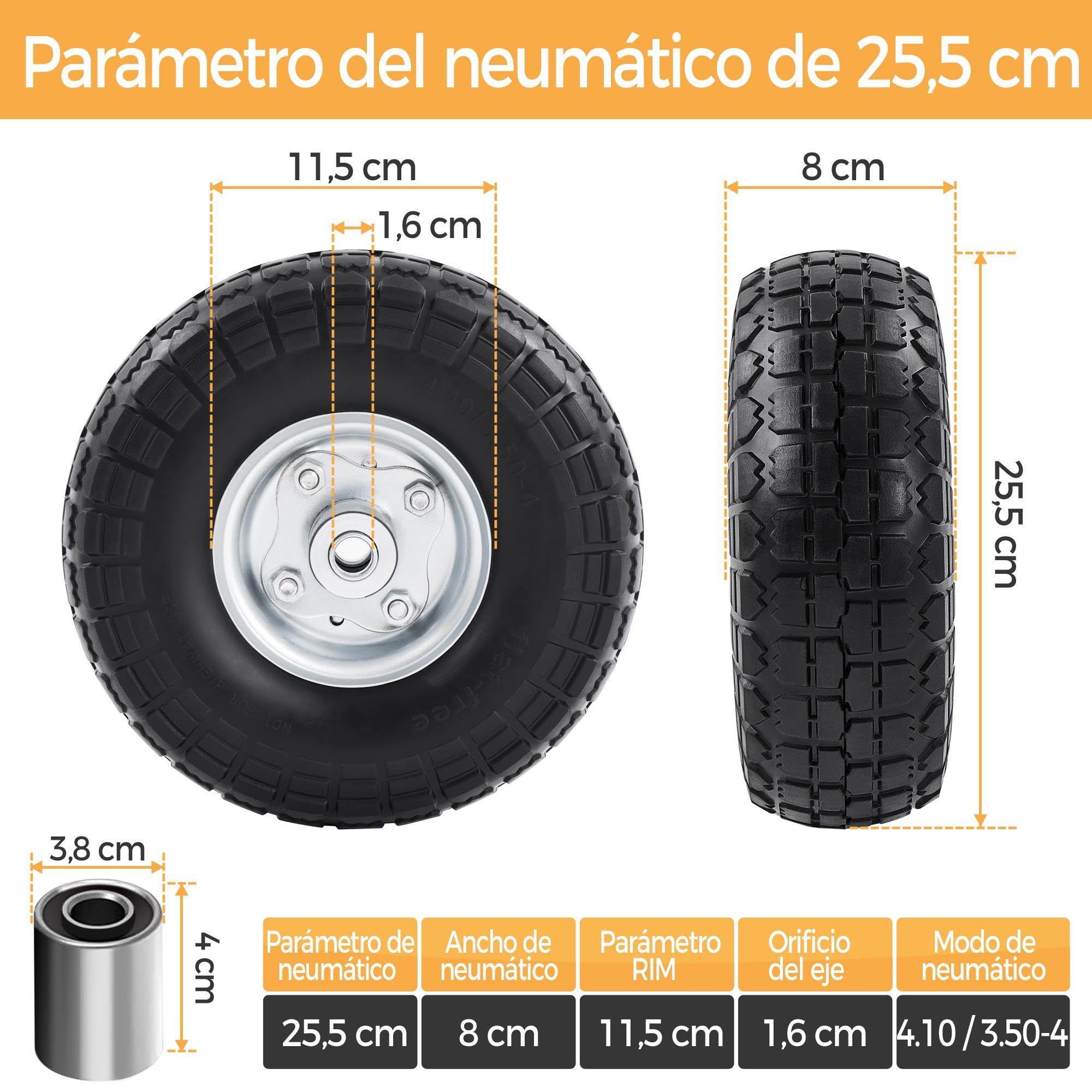 Yaheetech 4pcs Ruedas Carretilla Maciza 4.10/3.50-4 Carretilla de Obra Llanta Neumáticos de Goma 255mm para Carros Carrito de Jardinería, Eje de 16 mm