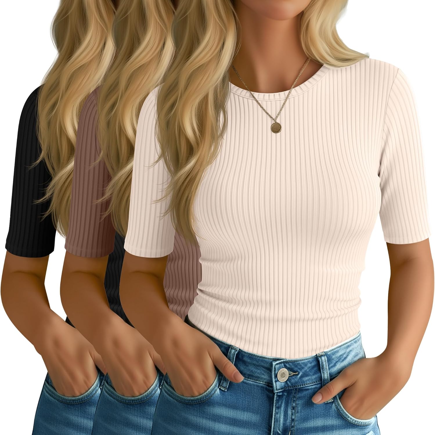 Riyiper 3 Pack Women's Half Sleeve Tops, Elbow Length Ribbed Cotton T Shirt Crew Neck Summer Tee Slim Fit Casual Blouses