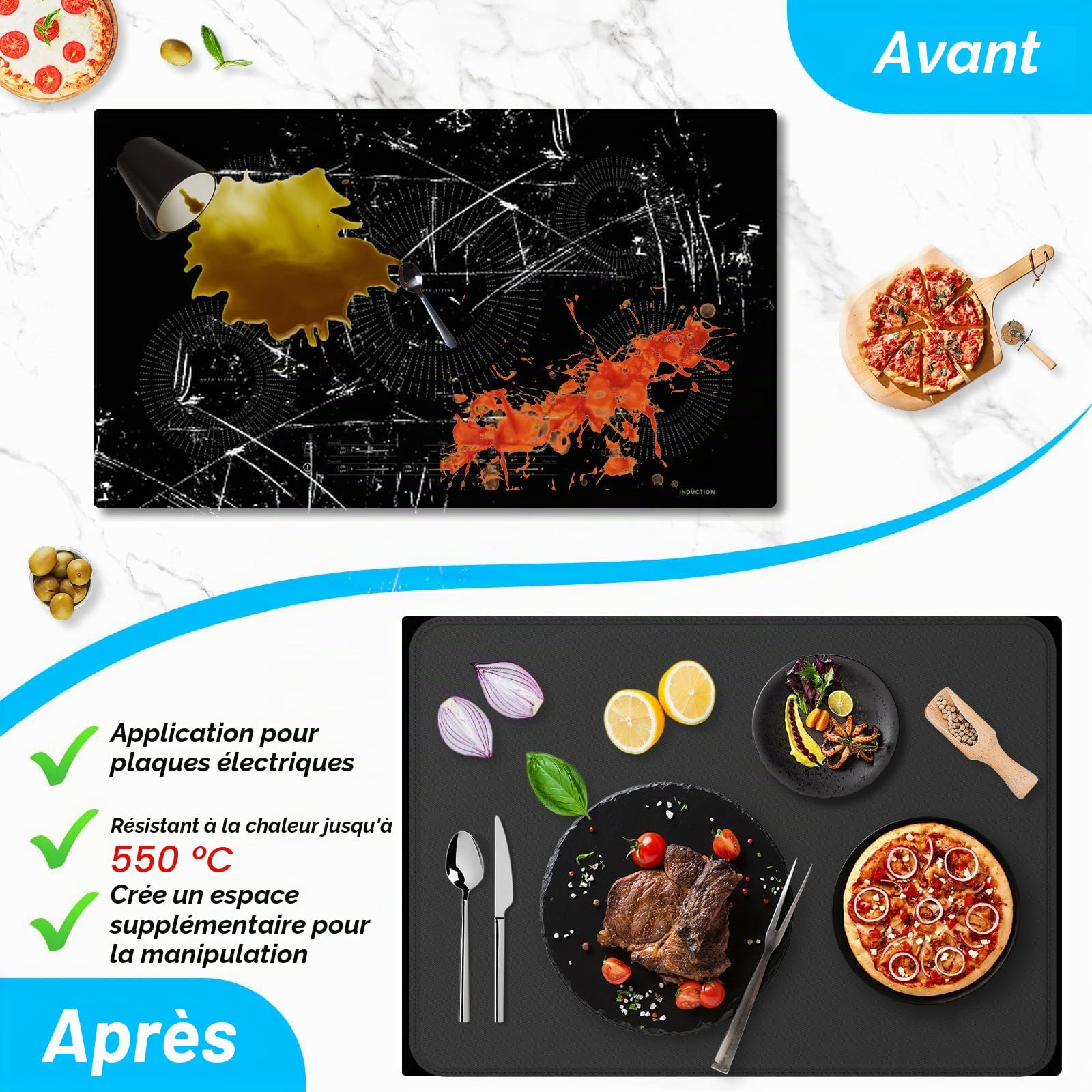Couvre-plaque ignifuge et imperméable cuisinière électrique verre 53 x 91 cm noir