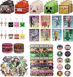 Birthday Party Supplies Party Favors 116 Pcs, Include 16 Pixel Make-a-Face Stickers, 10 Gift Boxes, 10 Button Pins, 10 Silicone Wristbands, 10 Slap Wristbands, 10 Key Chains and 50 Stickers for Kids
