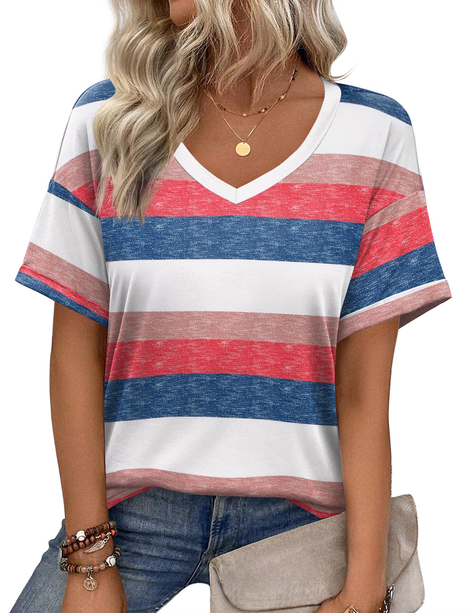 Zeagoo Womens Summer Tops Short Sleeve Casual Shirts Floral Tee Trendy 2025 Basics V Neck Plain Tshirt