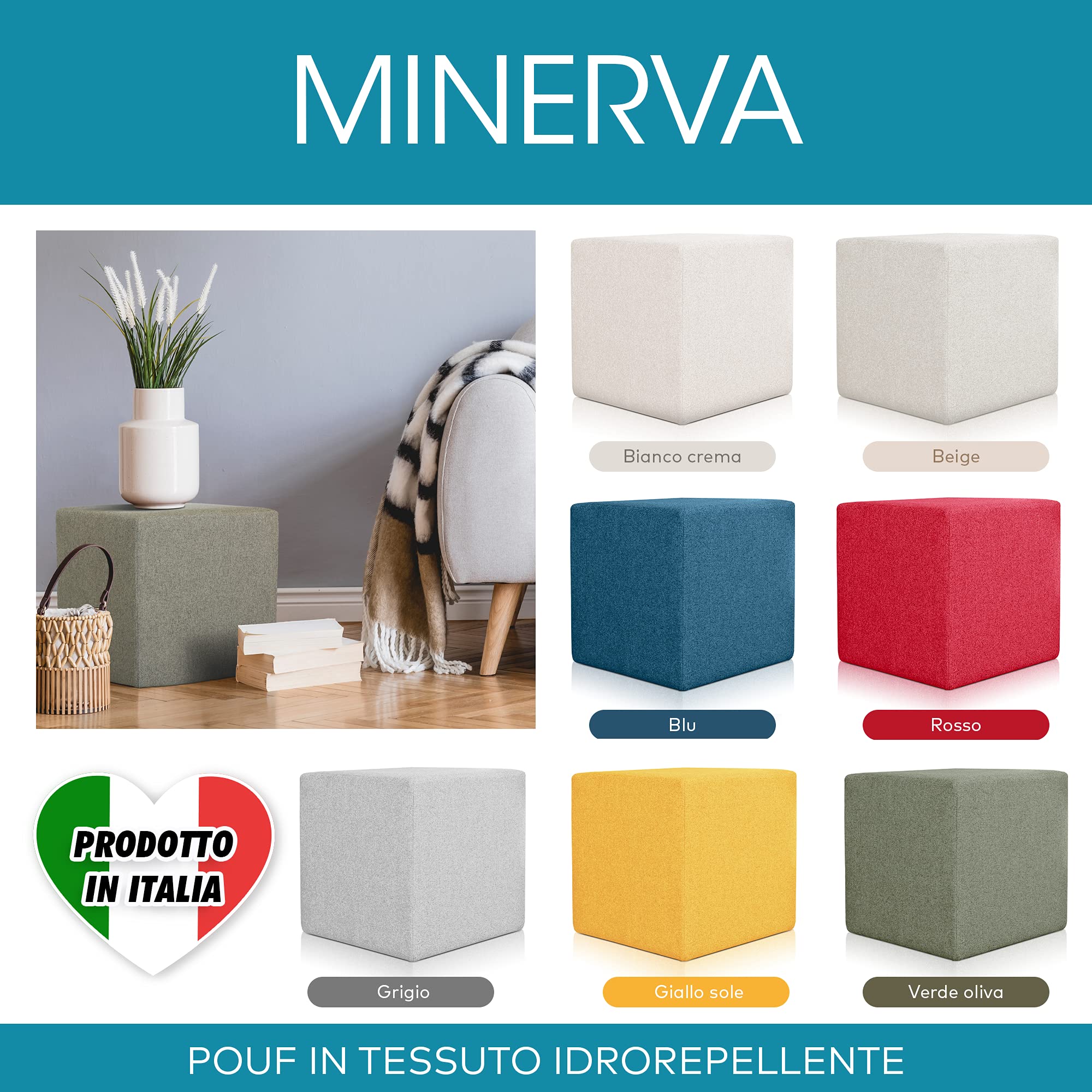 Deshome Pouf poggiapiedi cubo 43x43x44 cm Stoffa Idrorepellente: Pouf Design Moderno per Divano Soggiorno Camera da Letto, Puff poggiapiedi, Pouffe Salotto Minerva (Verde Oliva)