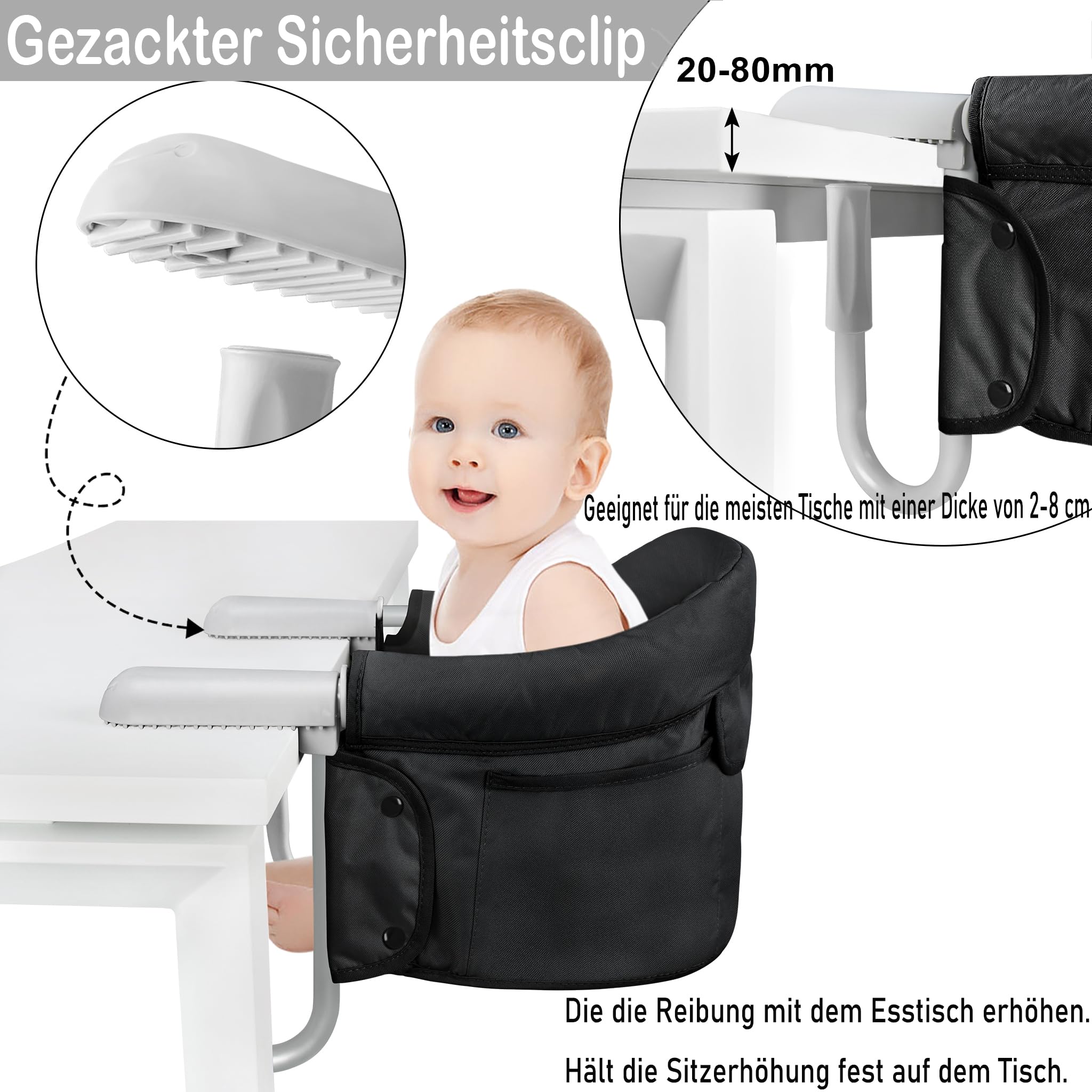 LILIIN Tischsitz Faltbar Babysitz, Booster Essstuhl, Tischsitz Babystuhl Sitzerhöhung, Sitzhilfe für Kinder, Tragbarer Hochstuhl für zu Hause und Unterwegs, Schwarz