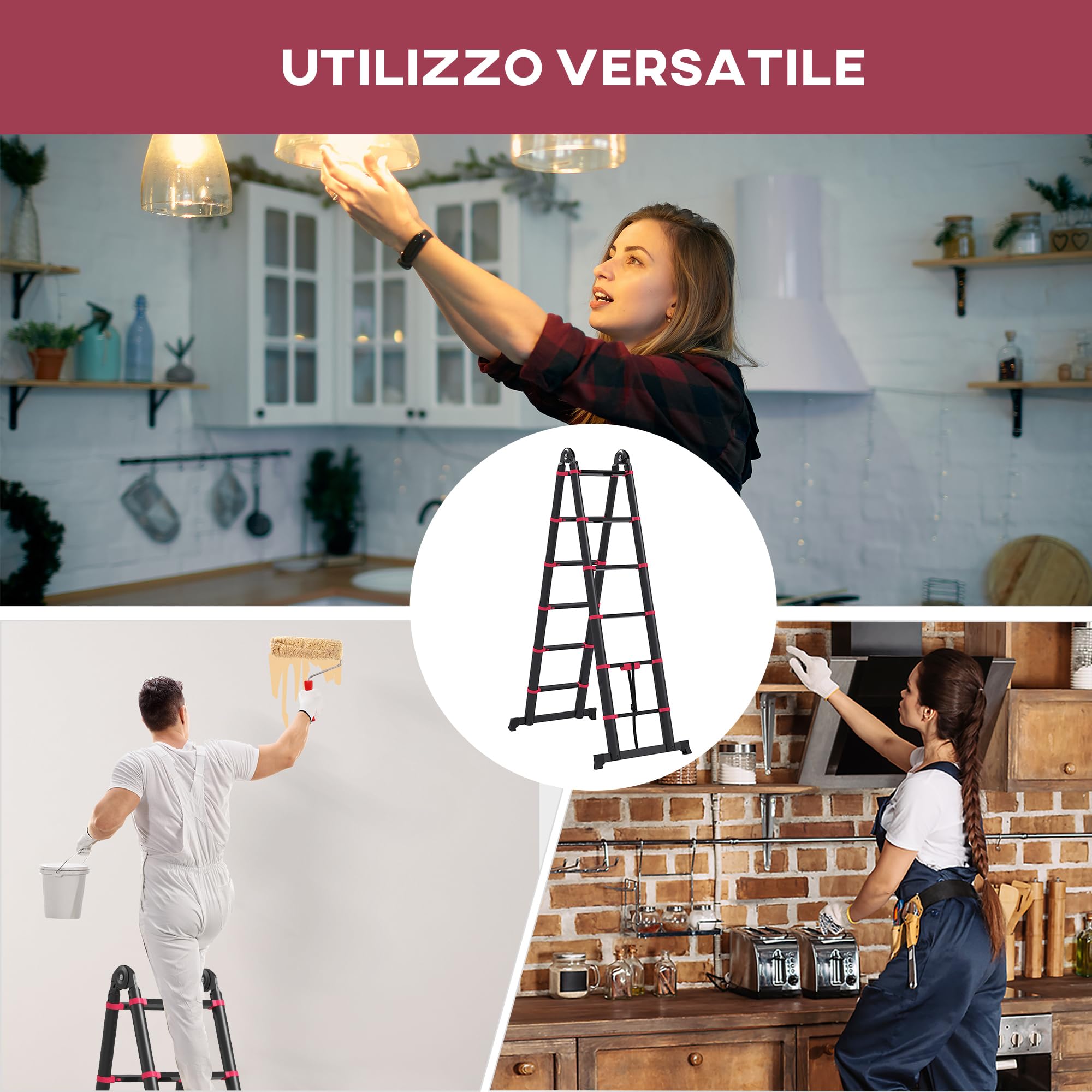 HOMCOM Escalera de Aluminio Plegable Portátil 379x67,5x11 cm Negro y Rojo | 2 Formas de Uso, Retráctil, Escalera Telescópica, 12 Escalones Antideslizantes, Carga 150 kg