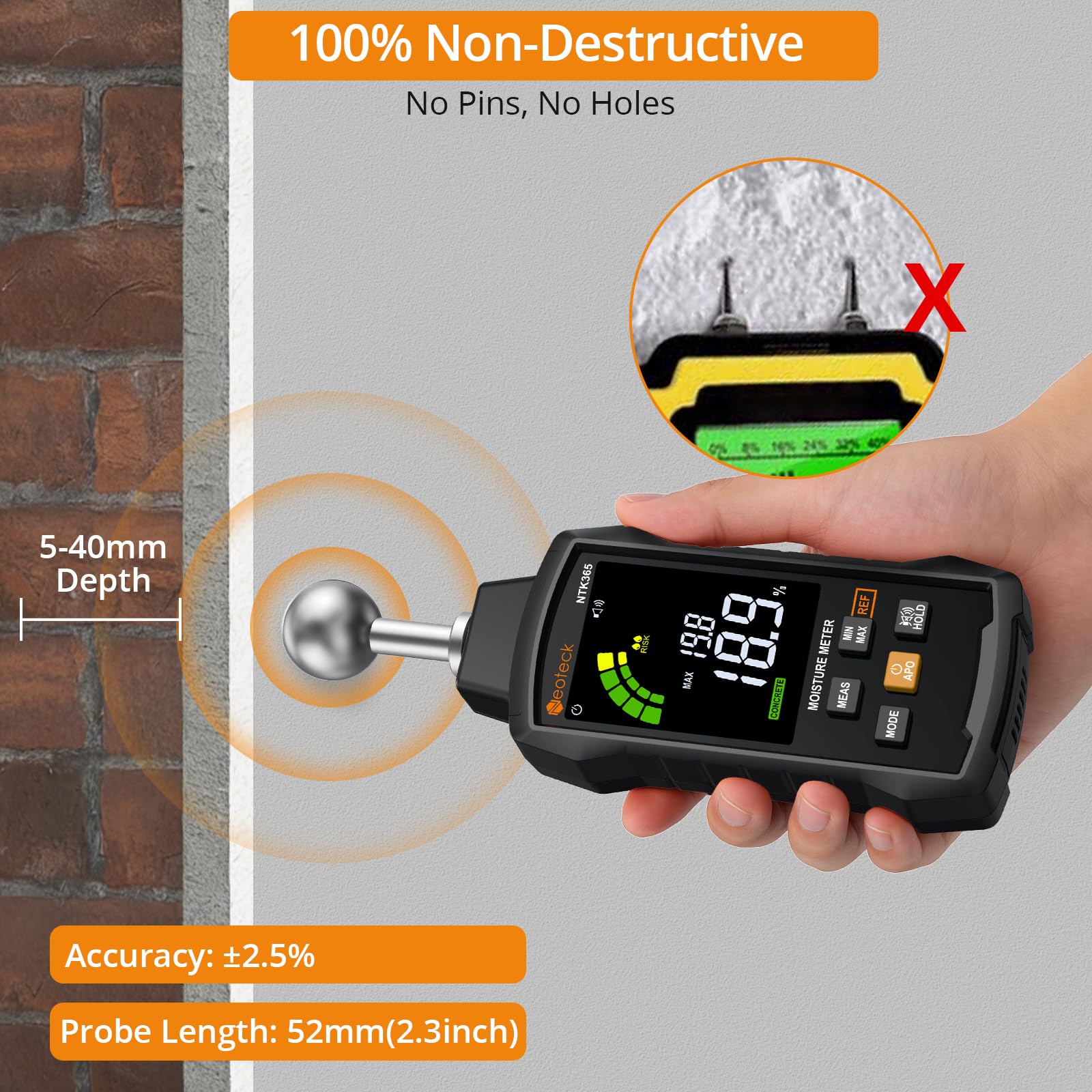 Neoteck Humidimètre Mur Détecteur Humidité Mur Sans Aiguille – Scanner Béton Plâtre Bois Maçonnerie, Analyse Profondeur 5-40mm, 5 Modes, LCD 3 Couleurs, pour Rénovation Maison Chantier