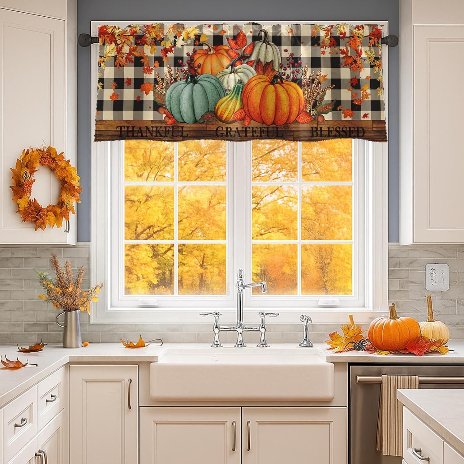 Fall Valances for Windows, 2 Pack, 52x18 Inch, Pumpkins Plaid