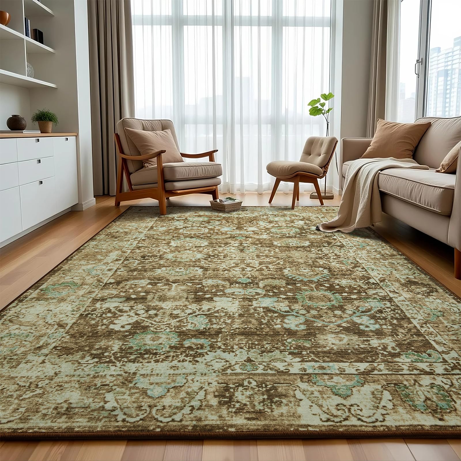 Andecor 5x7 Area Rug for Living Room, Non Slip Washable Bedroom Rugs, Vintage Low Pile Foldable Carpet for Nursery Kids Room Dining Room Office Indoor