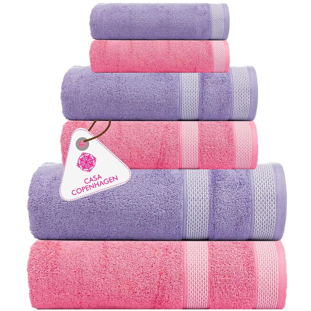 Casa Copenhagen Solitaire Mix–Juego de Toallas de diseño de 6piezas,100% algodón Egipcio-Lila Rosa+Rosa,600g/m²,2toallas baño,2toallas Mano,2toallitas faciales–Set Regalo para Mujeres y Hombres