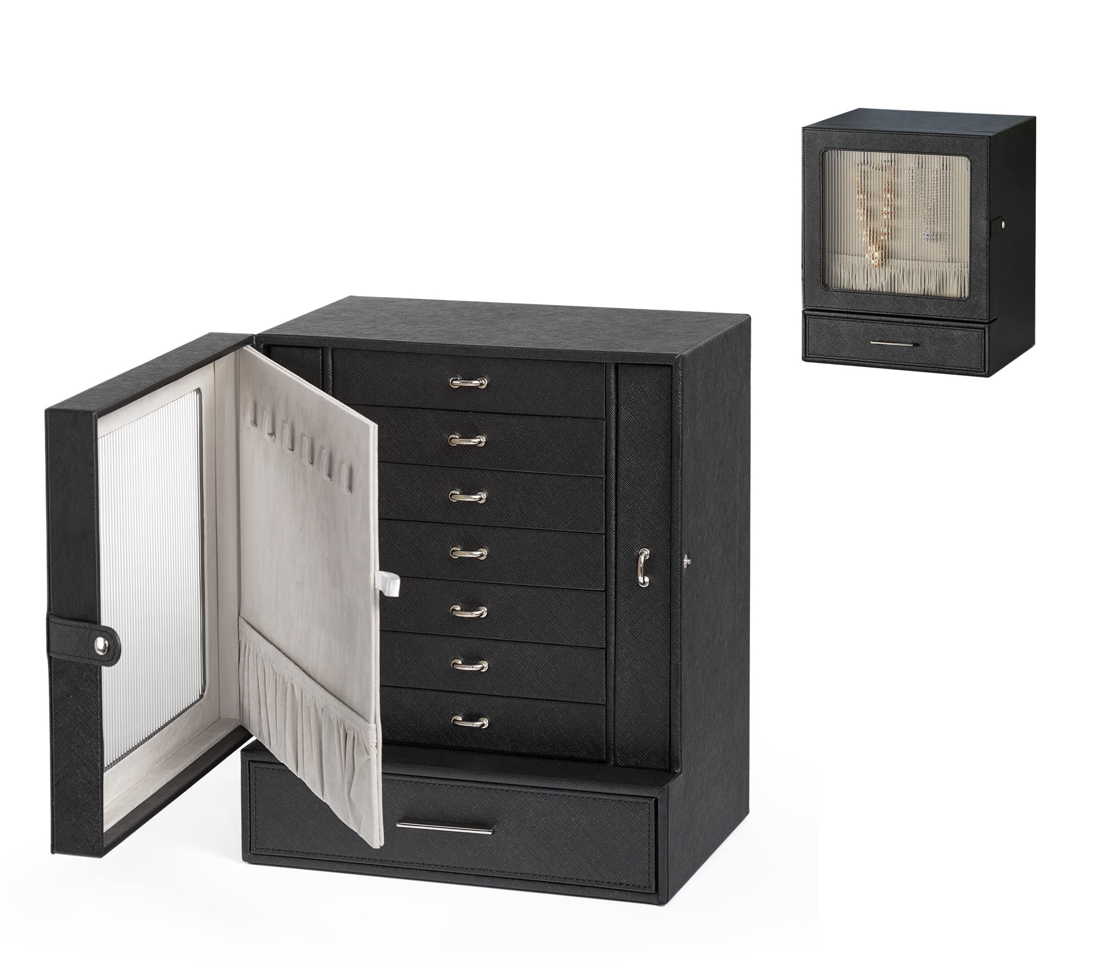 MeerveilLarge Jewellery Box, 10 Layer Extra Jewelry Oganiser, Changhong Glass, PU Leather, Jewelry Storage Box for Necklaces, Earrings, Bracelet Organizer, Gift for Girls and Women, Black