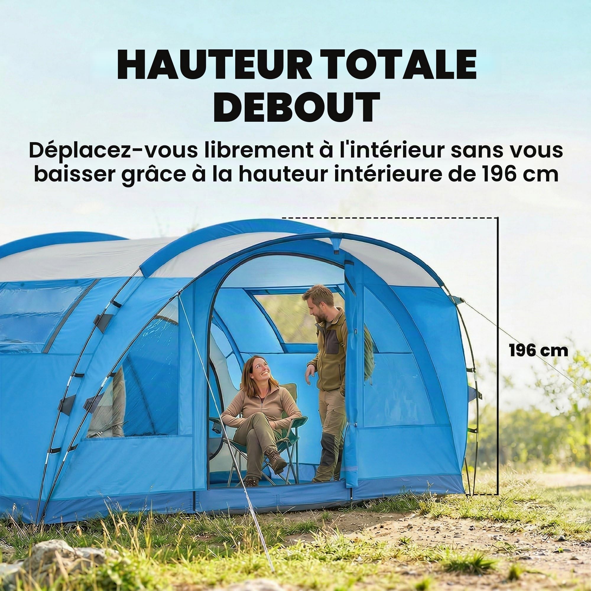 Outsunny Tente de Camping familiale pour 5 Personnes Pliable 3000mm Bleue | Tente tunnel de camping, 3 pièces, porte, 4 fenêtres, porche, sac imperméable, montage facile