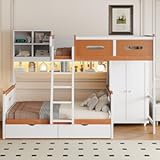Merax Wooden Bunk Bed with Wardrobe, Drawers, Shelves and LED Light, Twin Over Full, White