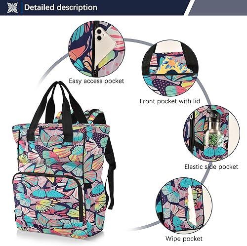 Miniatura 2 de Mochila para pañales con estampado de mariposas, bolsa de viaje de nailon con múltiples bolsillos para bebés con soportes para botellas, 11 x 15.3 x