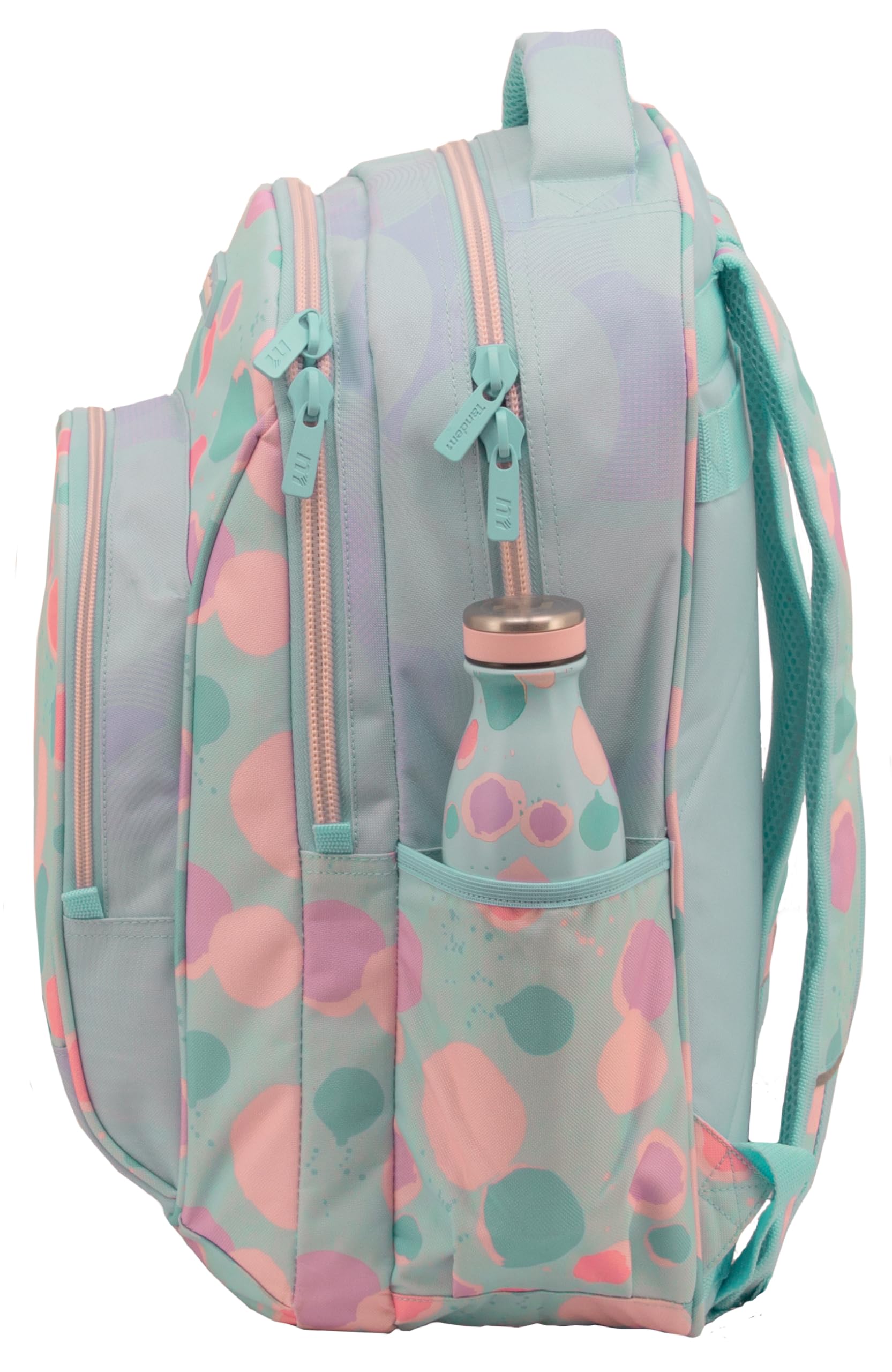 Sportandem Tandem mochila escolar doble cuerpo con compartimento acolchado para portátil, 23 L, bolsillos para botella y organizador, verde pastel/celeste/rosa
