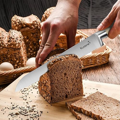 Miniatura 5 de Kuisine Juego de cuchillos de acero inoxidable alemán afilado, cuchillo de chef Santoku, cuchillo de pan, cuchillo utilitario, cuchillo de pelar,