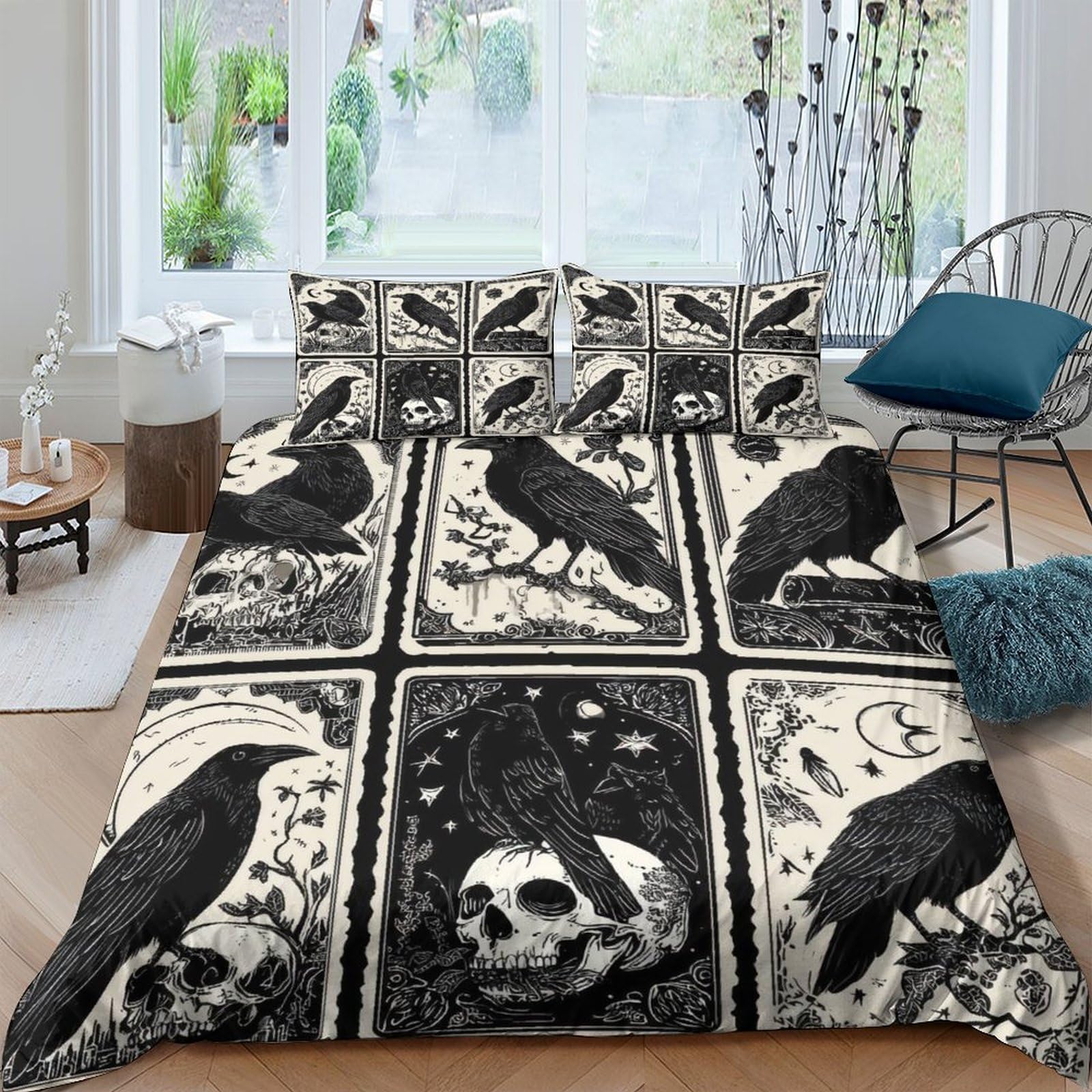 Ctjqhvkz Style-7 3D Printed Gothic Raven Fitted Sheet Microfiber Vintage Skull Bed Cover Anti-Slip Machine Wash Bedroom Decor Single（135X200cm）