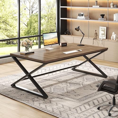 Miniatura 69 de IBF Escritorio grande para computadora negro, escritorio de escritura de 70.8 pulgadas de largo para oficina en casa, escritorio de estudio Roble