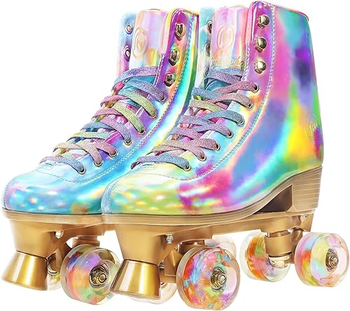 JajaHoho Patines holográficos de piel sintética para mujer, patines holográficos de doble fila, cuatro ruedas brillantes para niñas y edades de 8 a disponible en Yaxa Colombia