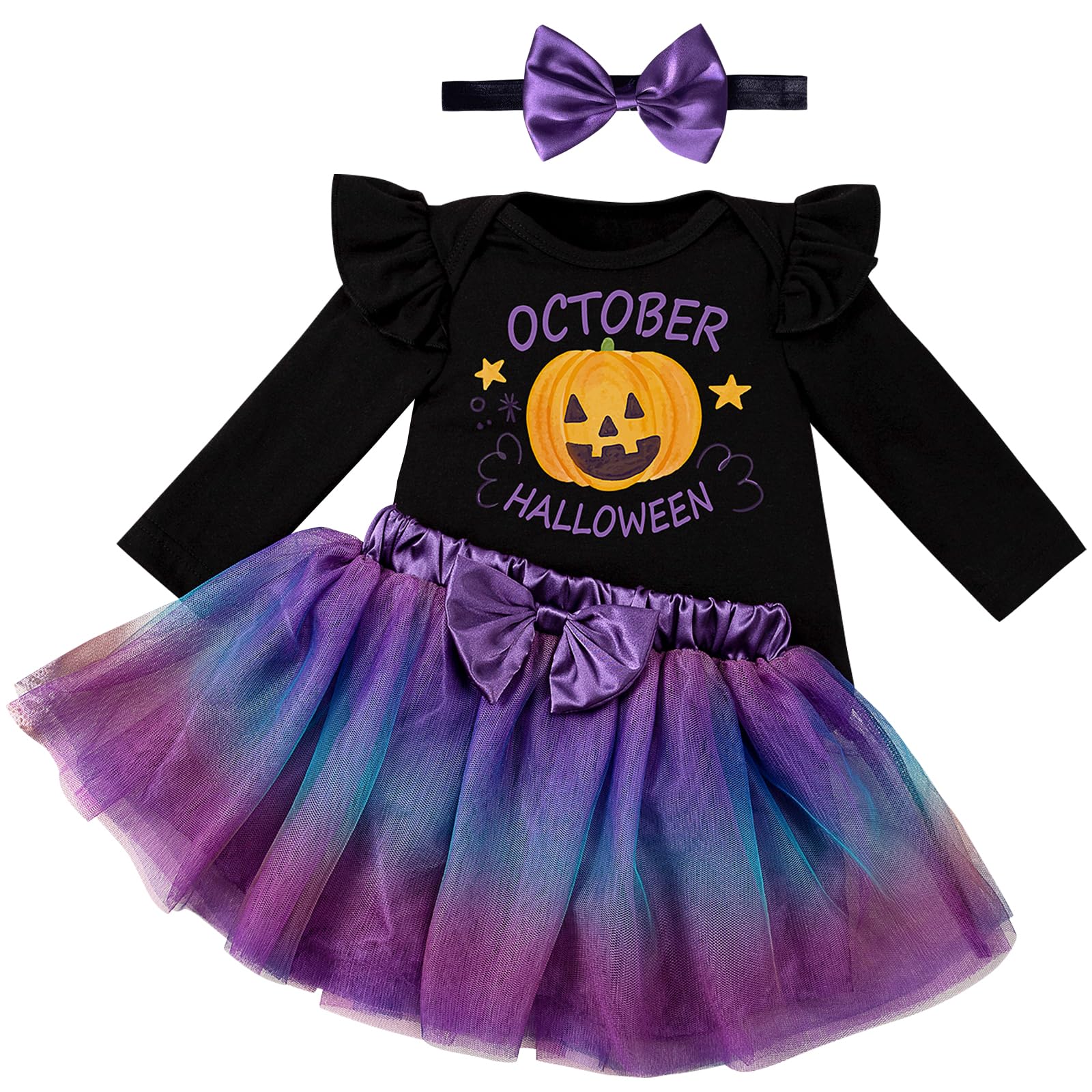 Kunyeah 3Pcs Primer Disfraz de Halloween para bebé niña Vestido de bebé Romper Falda Tutú con Lazo y Cinta para la Cabeza Body Acción Gracias para Recién Nacido