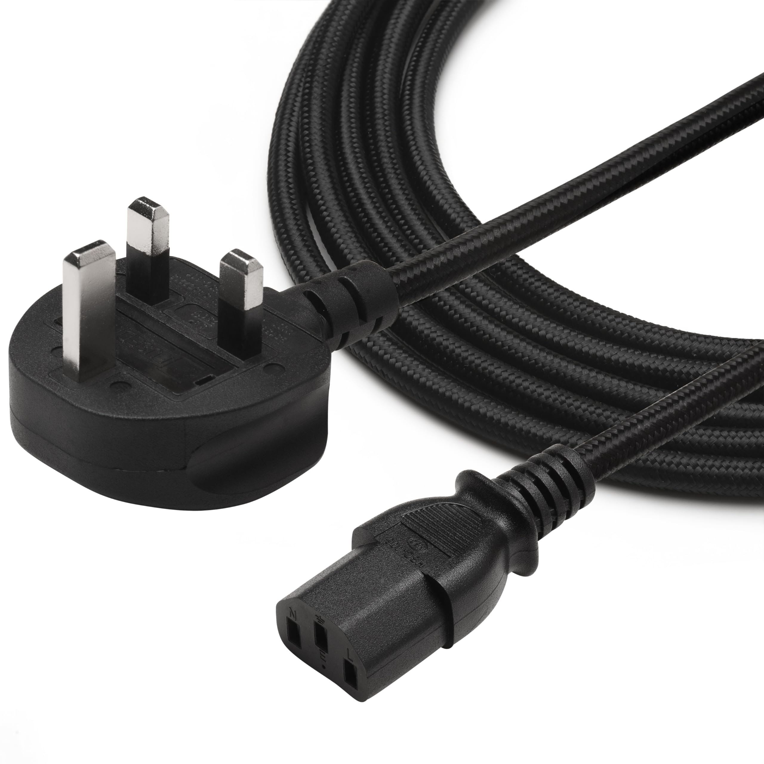 TRD UK Kettle Lead Power Lead 0.5M, 1M, 3M & 5M 3 pin power cable for TV, pc, monitor, plug, printers power cord (3M Braided)