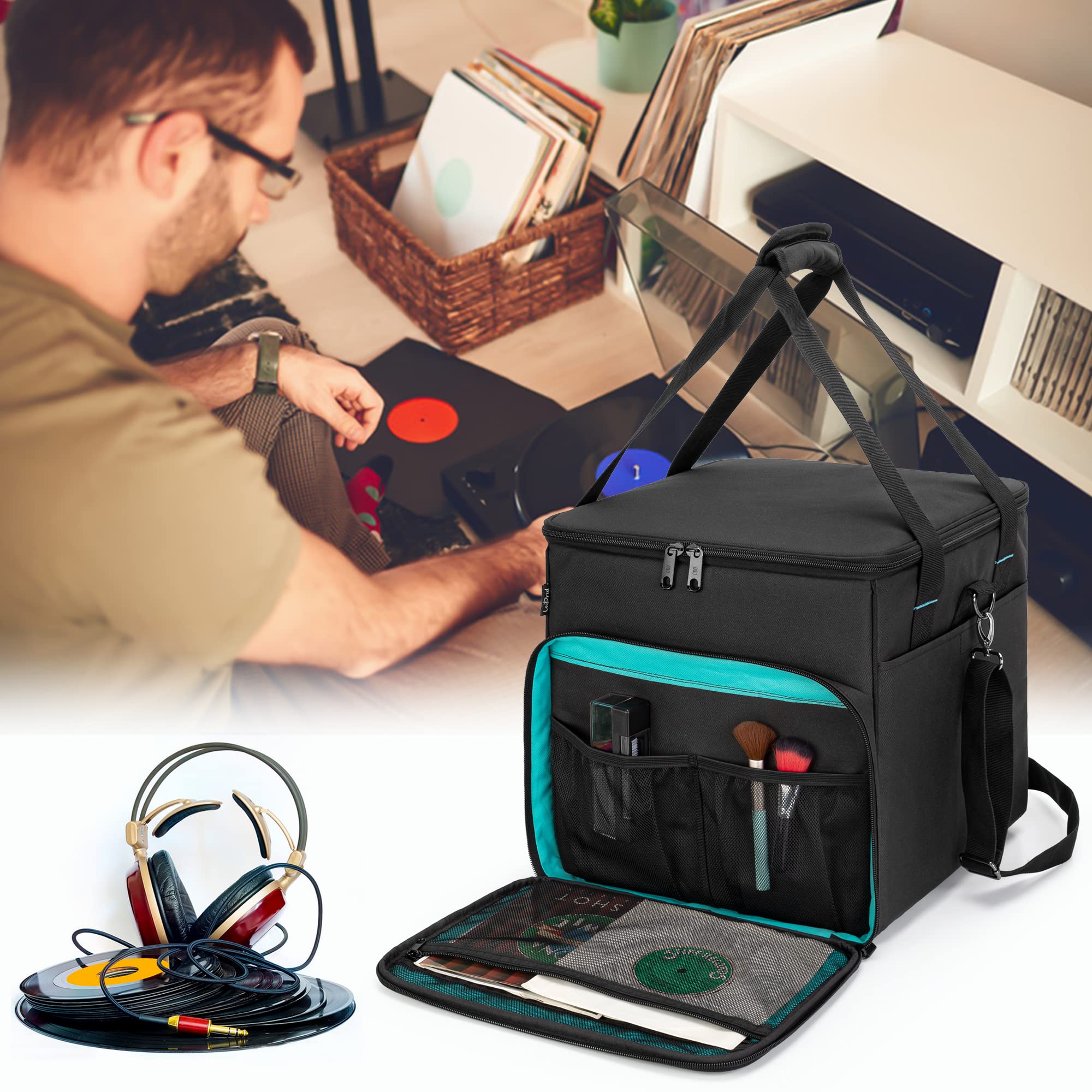 LoDrid Sac pour disques vinyles pouvant contenir jusqu'à 60 Albums (LP) | Fond rembourré avec renfort en bois, mallette de rangement pour albums, design breveté, sac vendu seul