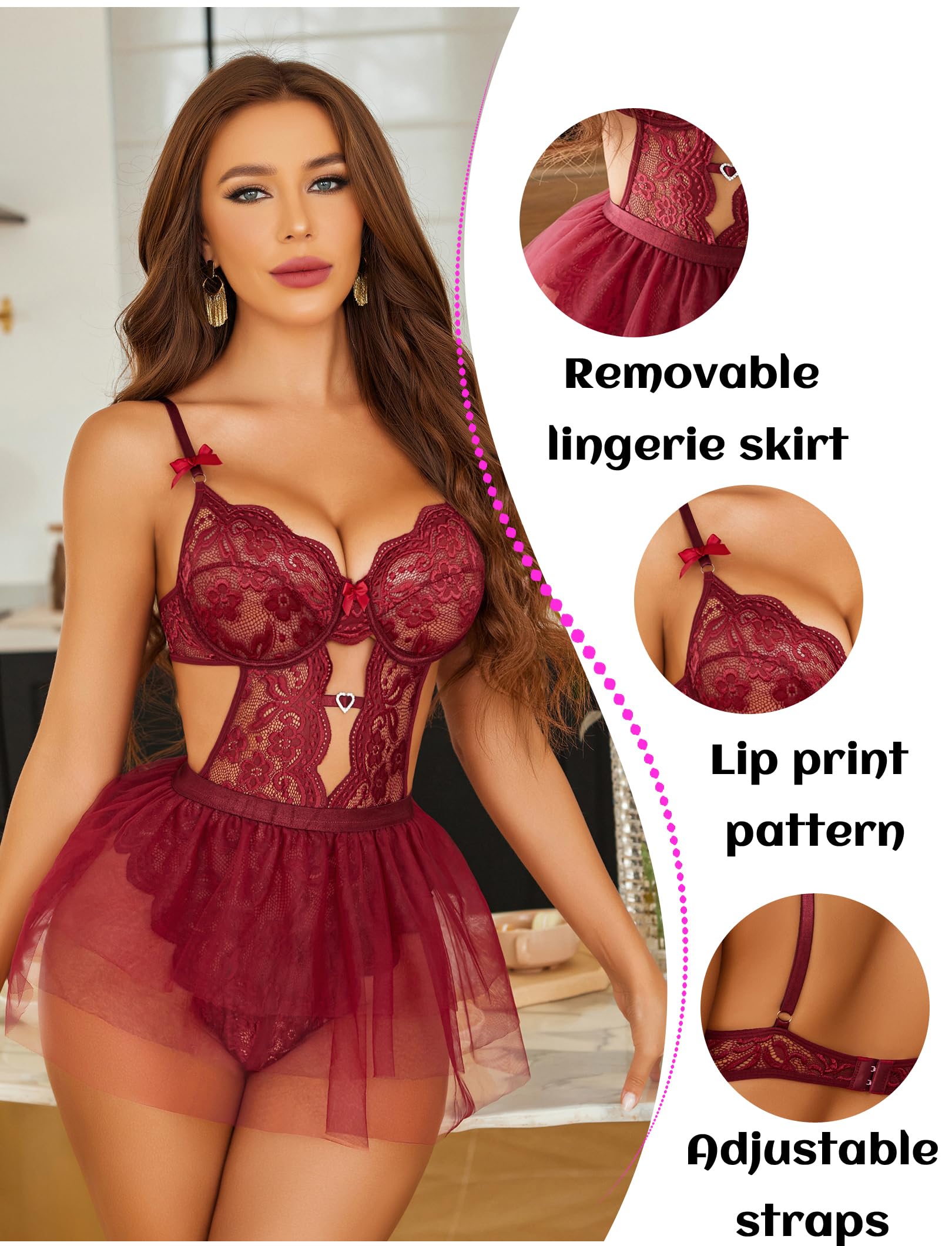 WBDWWTD Ensemble de Lingerie Sexy, Body à Armatures en Dentelle avec Mini-Jupe en Maille détachable, Lingerie Teddy Push Up