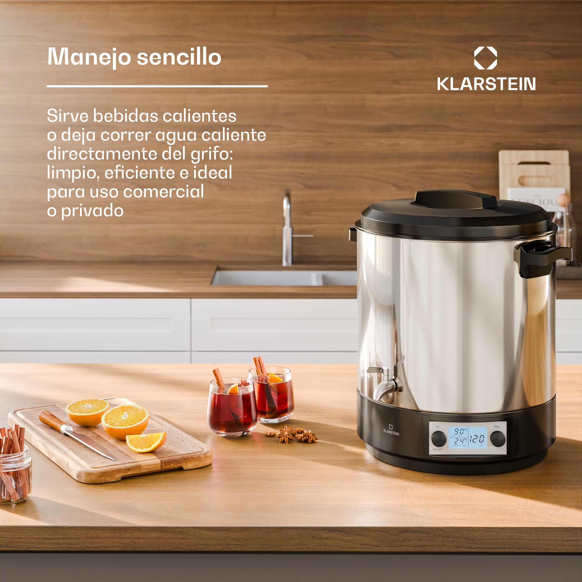 Klarstein Biggie Esterilizador Digital 25 L de Acero Inoxidable con Grifo de Acero Inoxidable, 2000 W, 30–100 °C, Pantalla LCD, Temporizador, Conservas y Vino Caliente