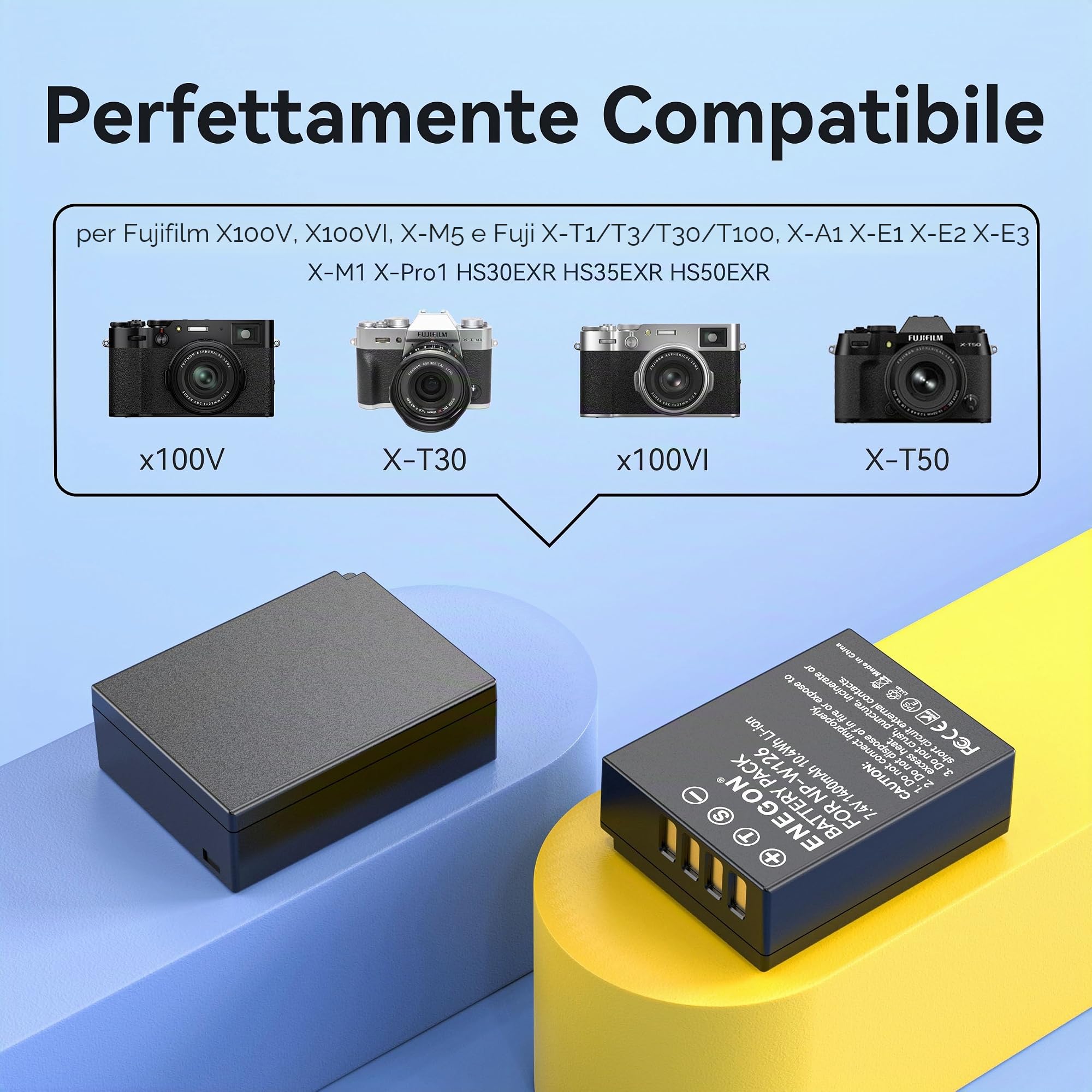 ENEGON Batterie NP-W126S/NP-W126 (2 pezzi) per Fujifilm XT30III, XM5, X100V, X100VI, X-T1/T3/T100, X-A1, X-E1, X-E2, X-E3, X-M1, X-Pro1, HS30EXR, HS35EXR, HS50EXR, con caricabatteria USB doppio