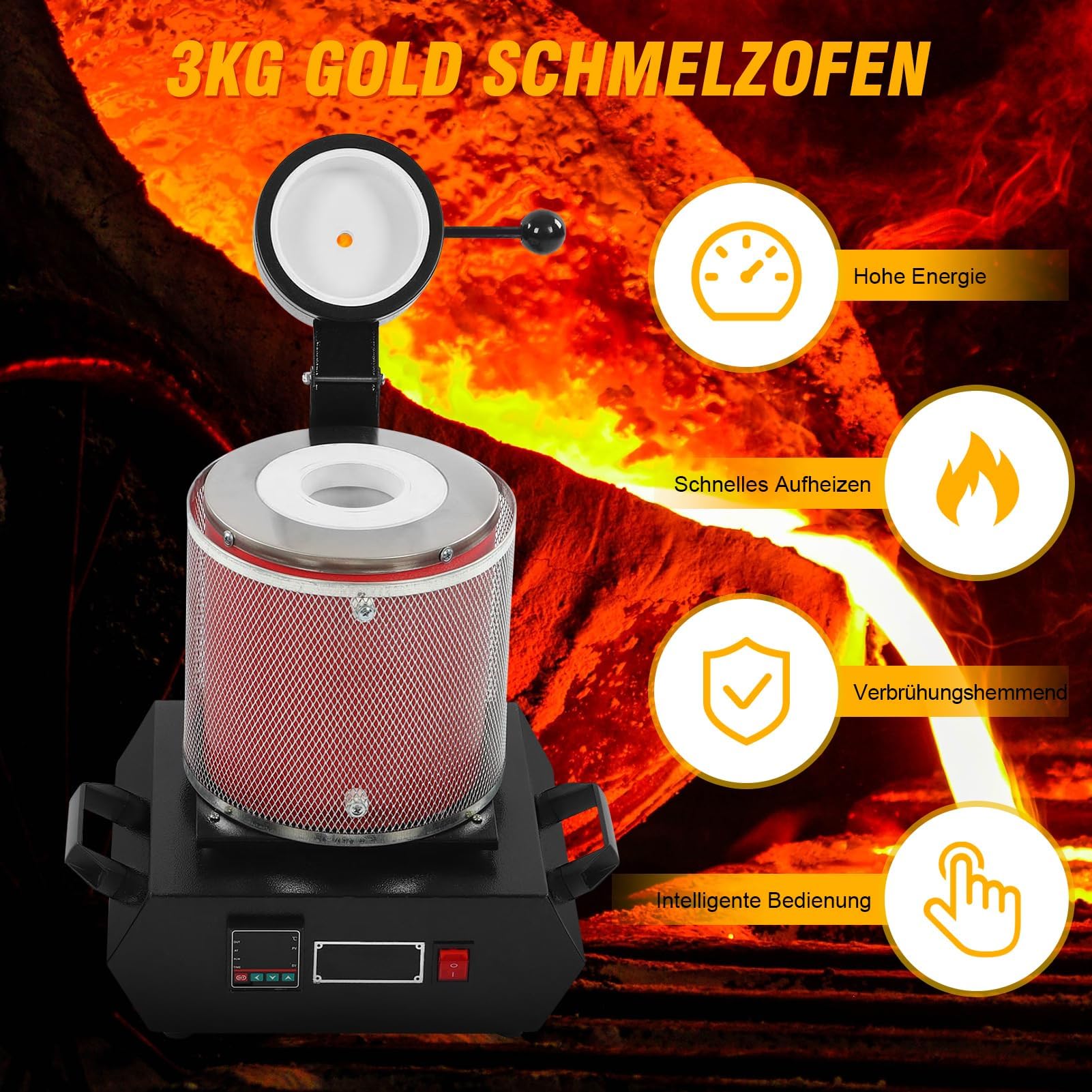3KG Gold Schmelzofen, Digitaler Elektrischer Schmelzofen Automatischer Schmelzofen mit Graphit Tiegel für Edelmetalle Gold Silber Schmuck 1500-2000W (EU-Stecker 220 V)