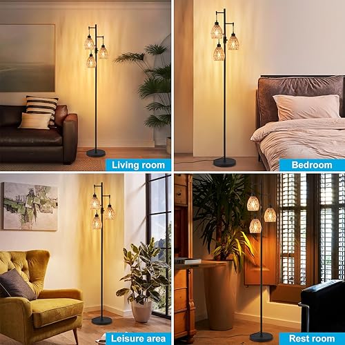 Miniatura 6 de Lámpara de pie de ratán bohemio para sala de estar, lámpara de pie regulable de 70 pulgadas con pantalla de jaula, lámparas de pie industriales de