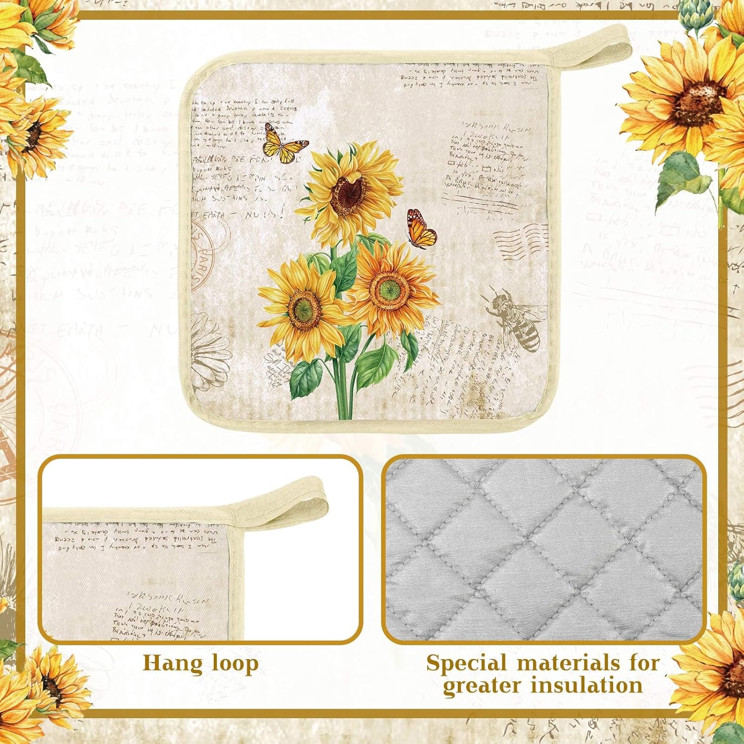 Bencailor 12 Pcs Pot Holders with Pocket Kitchen Hot Potholders Hot Pad Oven Mitts Cookie Bag Oven Gloves for Kitchen Gift Baking Cooking(Yellow,Sunflower) - Image 5