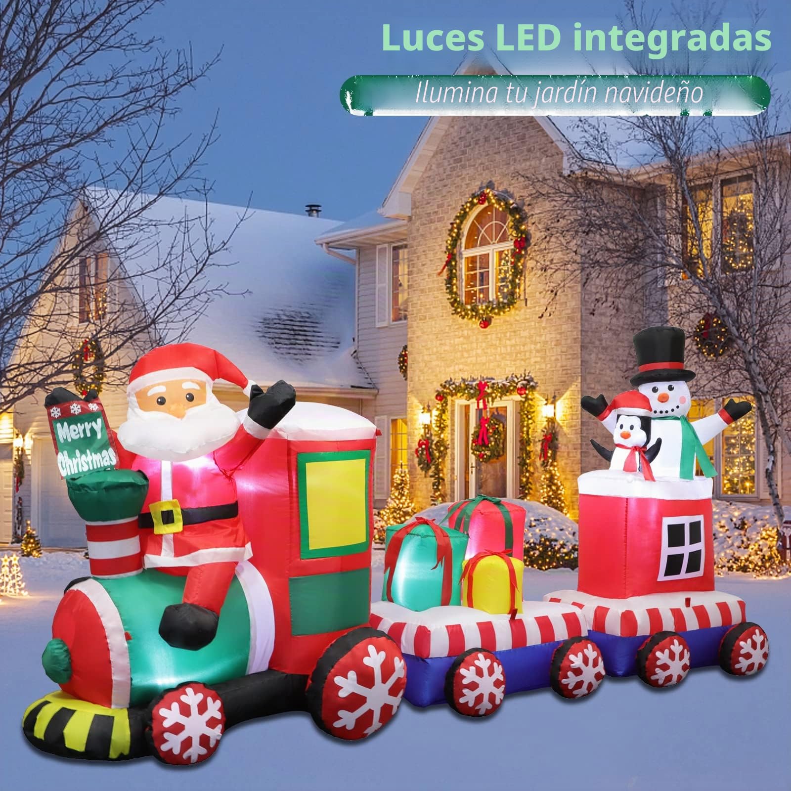 Omdekor 240CM Tren Inflable Navideño con Papá Noel Pingüino Muñeco de Nieve, Decoración Navideña Inflable, Luz LED Incorporada, Fiesta de Navidad, Festival, Jardín, Césped, Patio Decoración