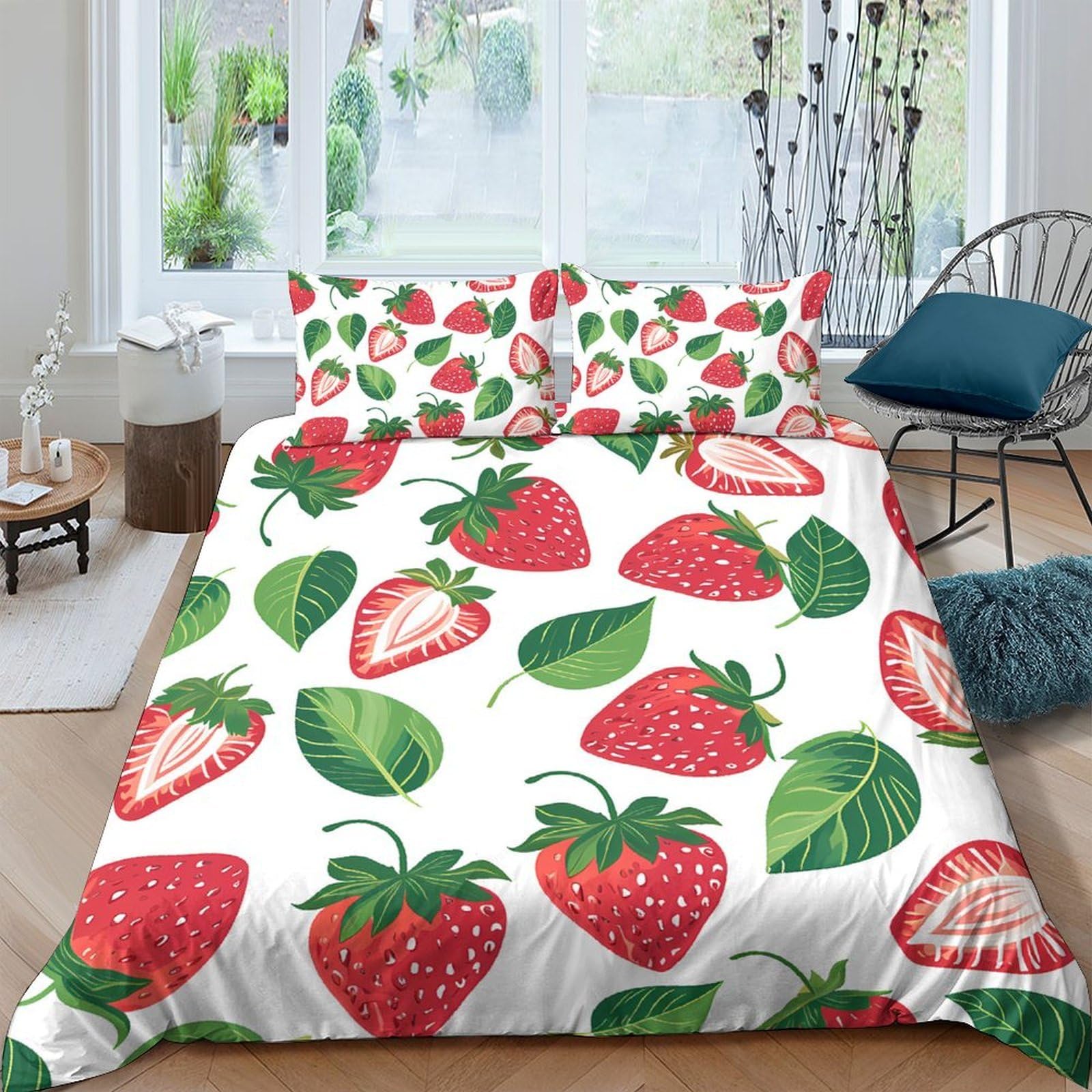 GPLZQXKJNH 3D Printed Strawberry Leaf Duvet Cover Set Microfiber Soft Breathable Bedding Set with 2 Pillowcases for Bedroom Decor Single（135x200cm）
