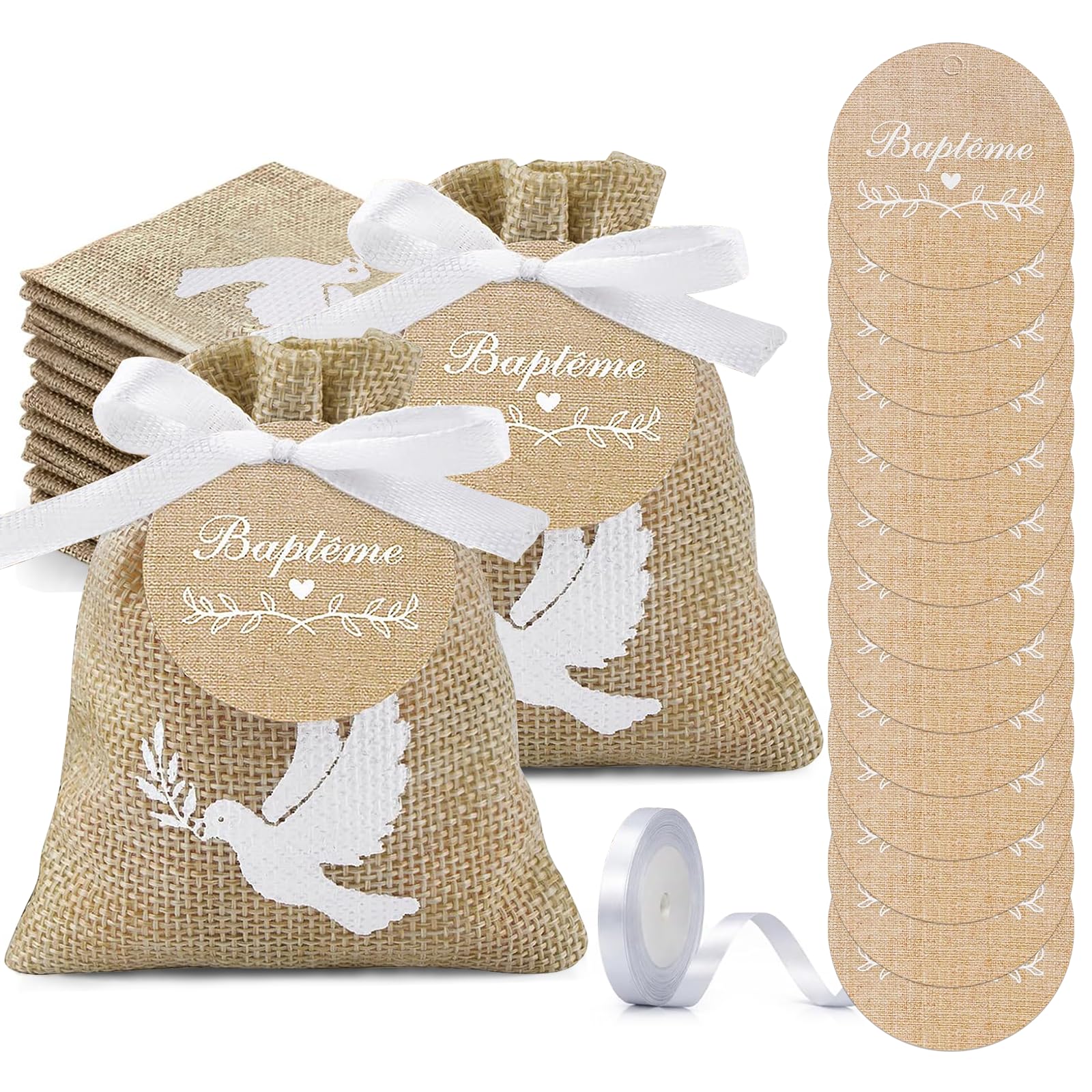 FINEVERNEK 20PCS Sachets Dragées Baptême avec Étiquettes et Ruban Blanc Pochette Dragée Motif Colombe pour Baptême, Communion, Confirmation et Décorations de Cérémonie