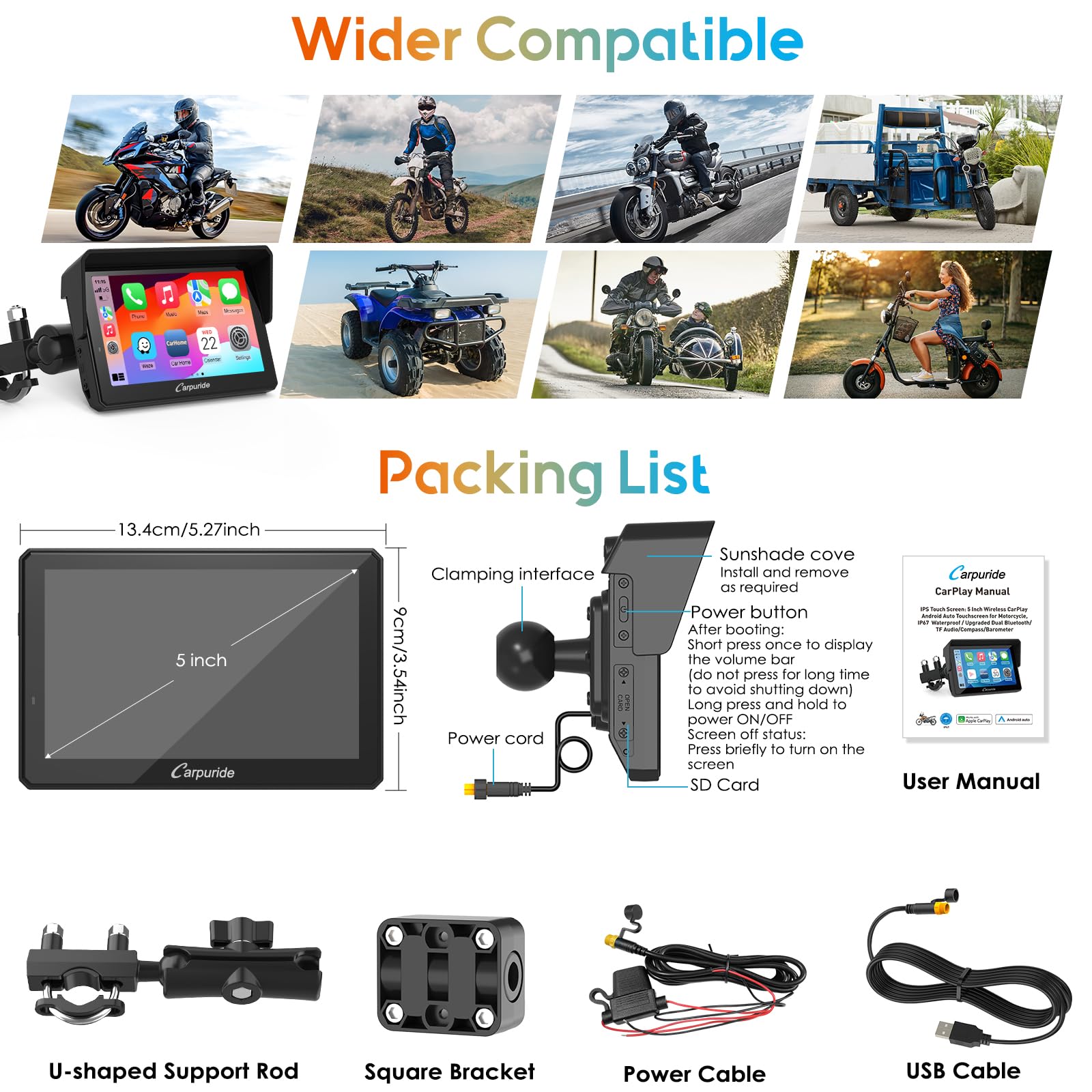 Carpuride W502PRO für Motorrad CarPlay & Android Auto & Dual Bluetooth - 5 Zoll wasserdichter GPS-Navigation für Motorrad, Musik-Sharing, Gegensprechanlage, EQ, Lichtsensor, Kompass, Barometer