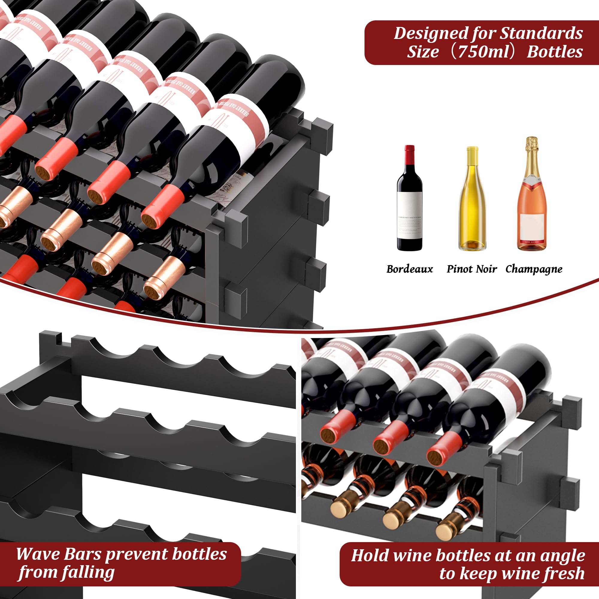 VASMIA Scaffale per Vino in Bambù Impilabile, Autoportante, 72 Bottiglie, Senza Attrezzi, Montaggio a 8 Livelli, per Cucina, Bar, Sala da Pranzo, Cantina, Nero