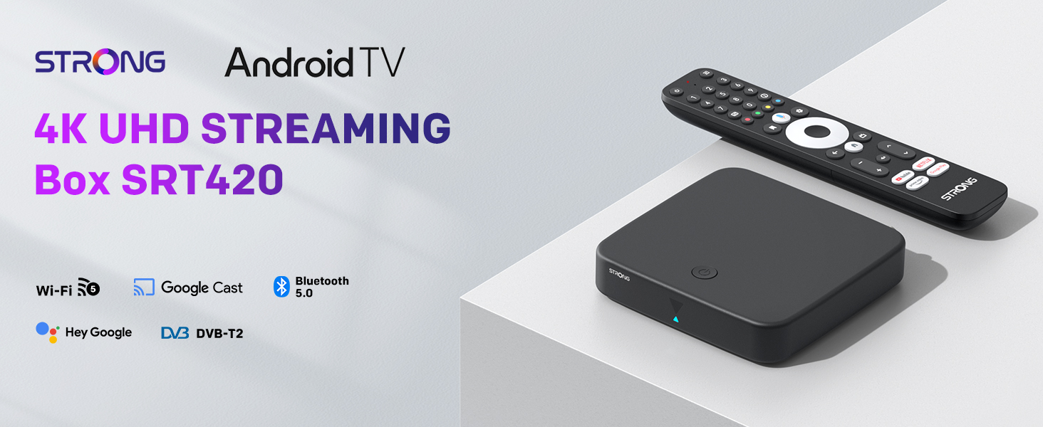 Simplione STRONG SRT-4250 Streaming Box | 4K UHD | DVB-T2 | Google Play Store | YouTube Prime Video | Chromecast