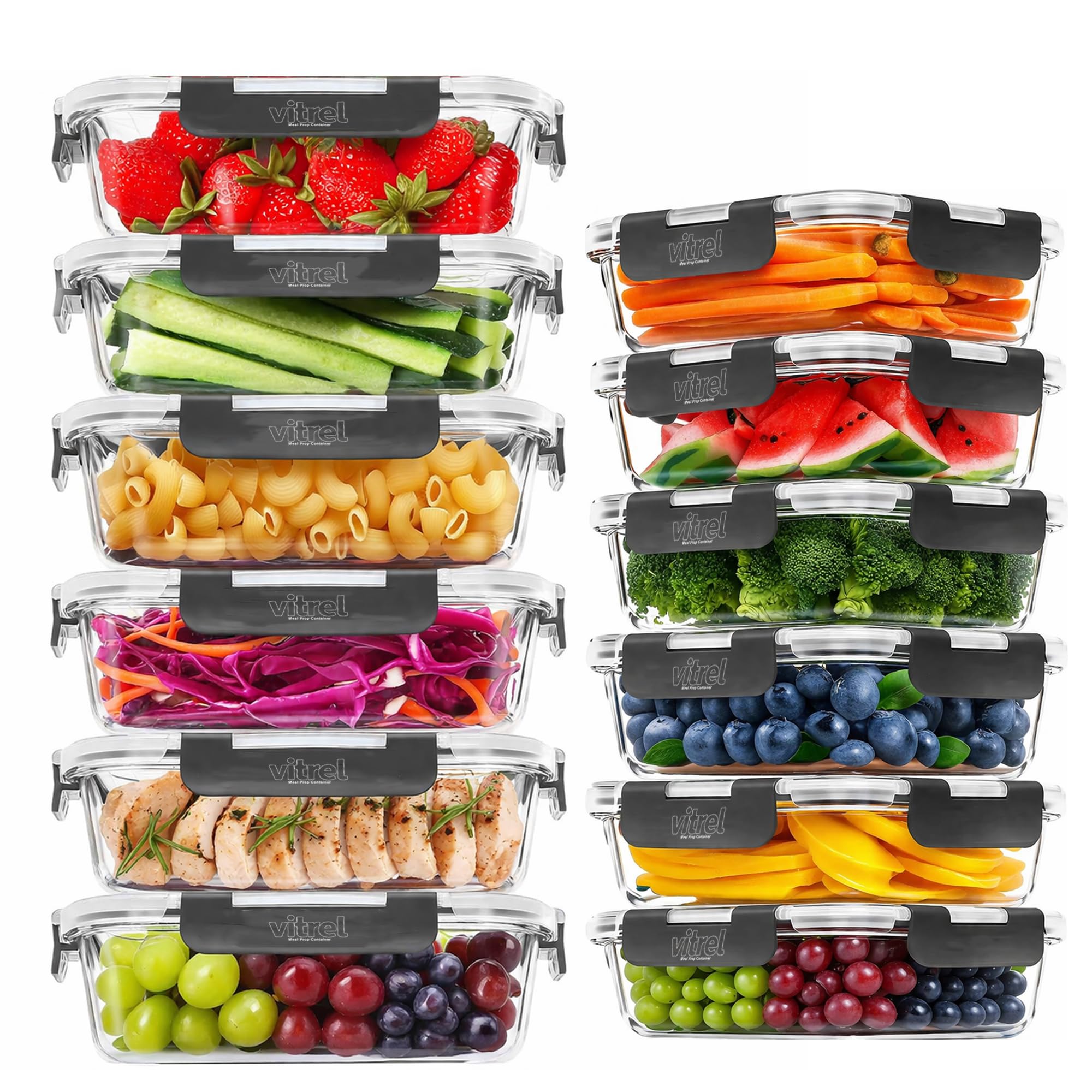 Vitrel Transparent 12 Pack Glass Containers With Lids, Durable Glass Tupperware - Airtight Glass Meal Prep Containers, Bpa-Free Glass Storage Containers With Lids For Microwave, Oven, Freezer And Dishwasher