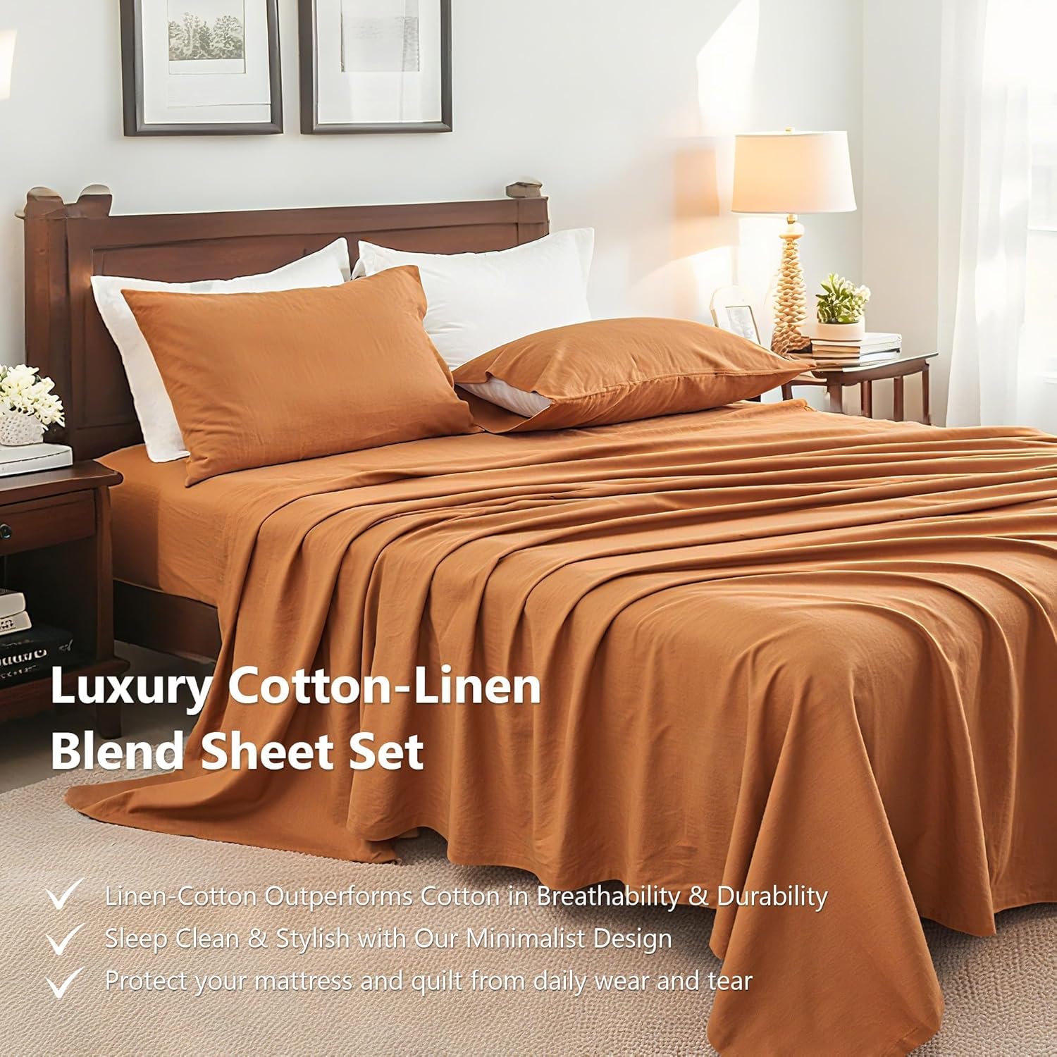 Flax Linen Cotton Sheet Set Queen Size, 4PCS Natural Linen Blend Bed Sheet with 1 Flat Sheet, 1 Fitted Sheet & 2 Pillowcases, Soft & Breathable Farmhouse Bedding Set for Hot Sleepers, Rust - Image 2