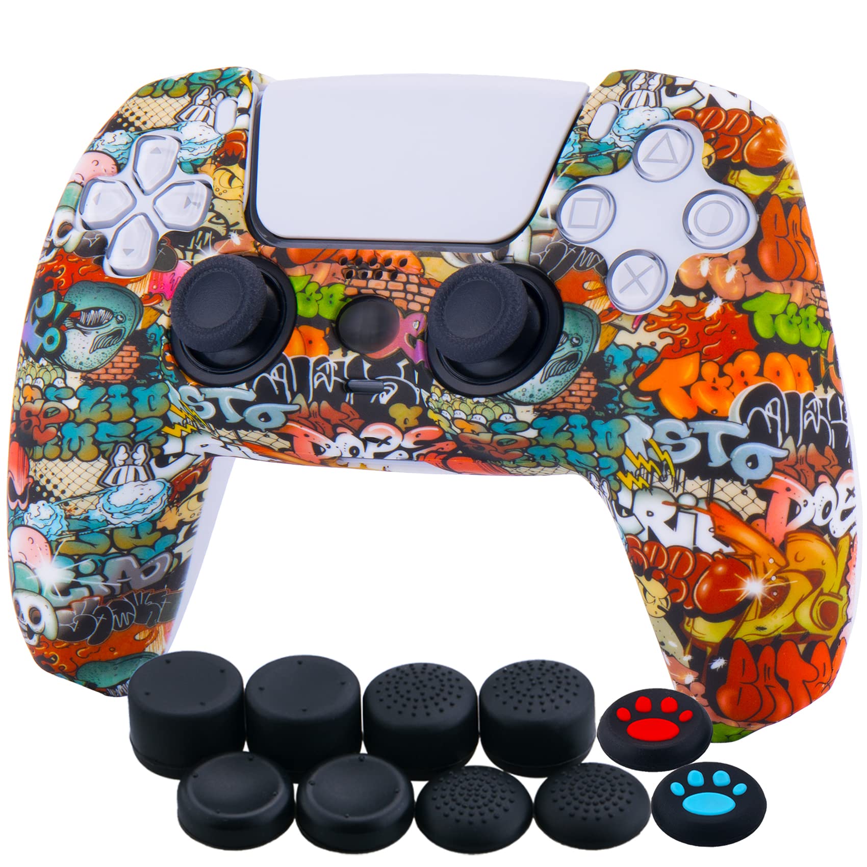 YoRHa Silicona Espesar Impresión Funda Piel Carcasas Cubierta Compatible de PS5 Mando x 1 (Graffiti De Calavera) con Agarres para el Pulgar x 10 - 1