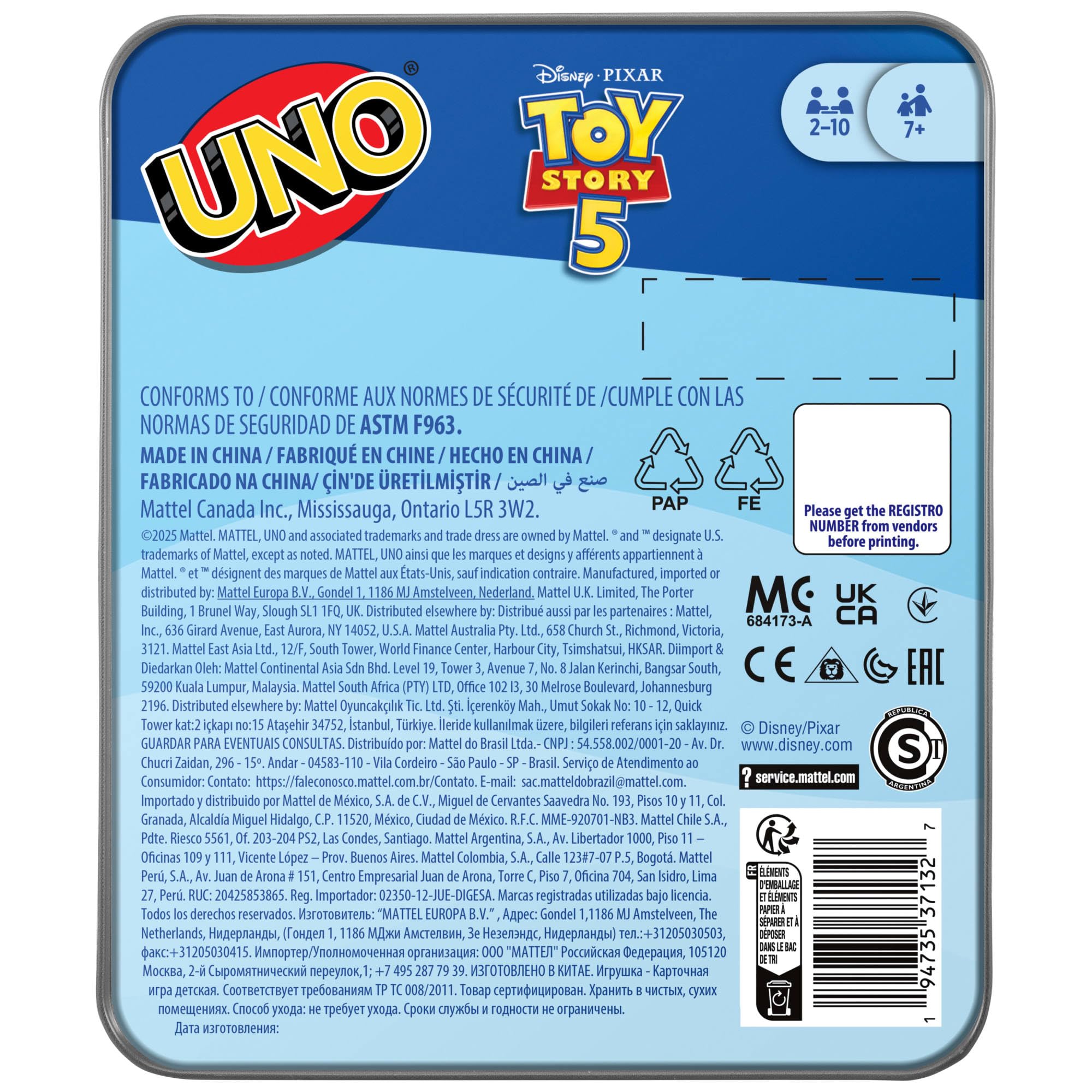 Mattel Games UNO Disney Pixar Toy Story 5 Puszka Gra karciana, karty inspirowane filmem, rodzinna i towarzyska gra dla dzieci 7+ i fanów, JLX06