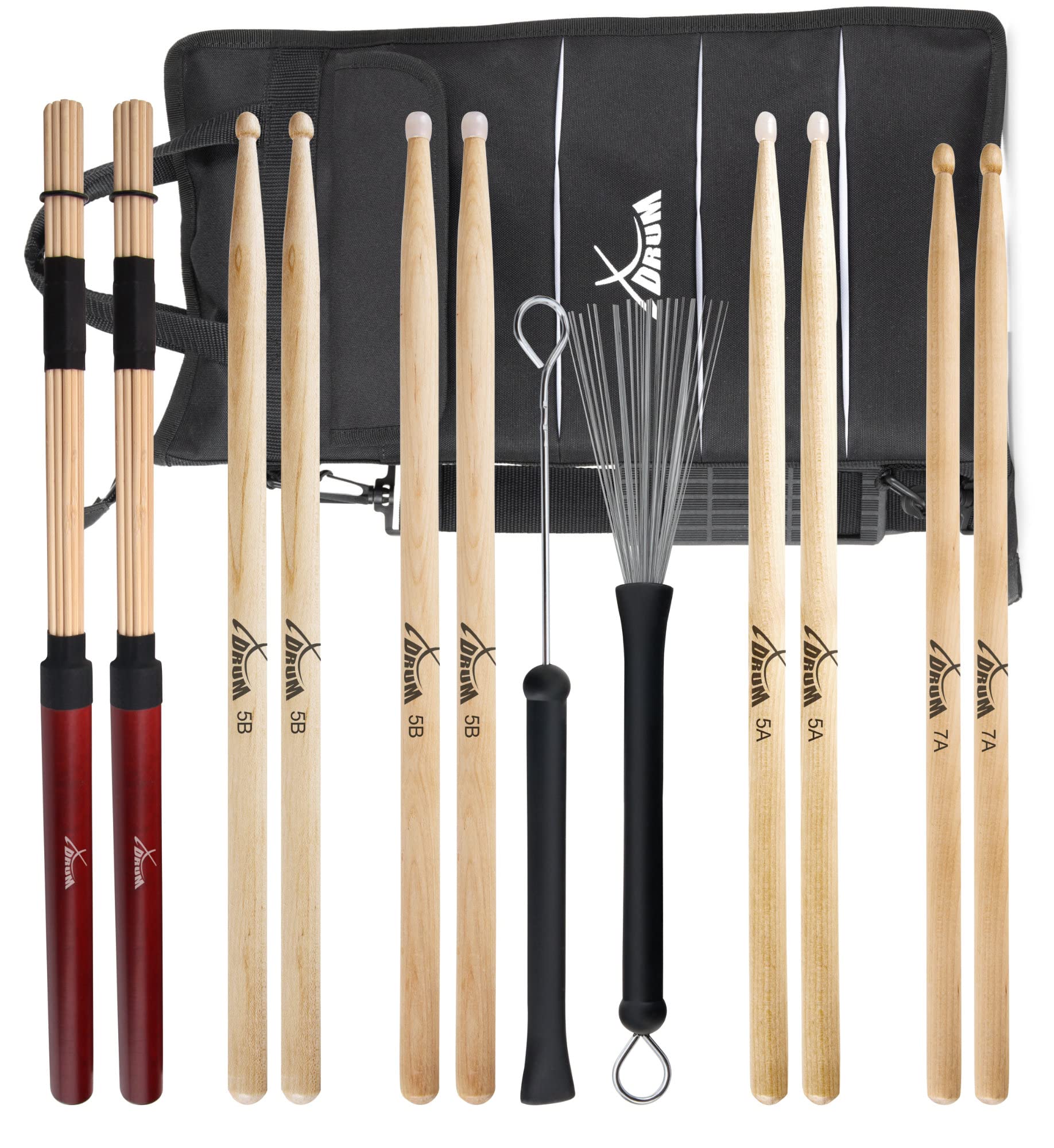 XDrum Drumsticks Large Starter Set, 5A Nylon, Stärke: 5A, Länge: ca. 405 mm | Durchmesser: ca. 16 mm, Spitze: Nylon, tropfenförmig, Material: Ahorn, Griffige Oberfläche, 5B Wood, Spitze: Holz, rund, Rods