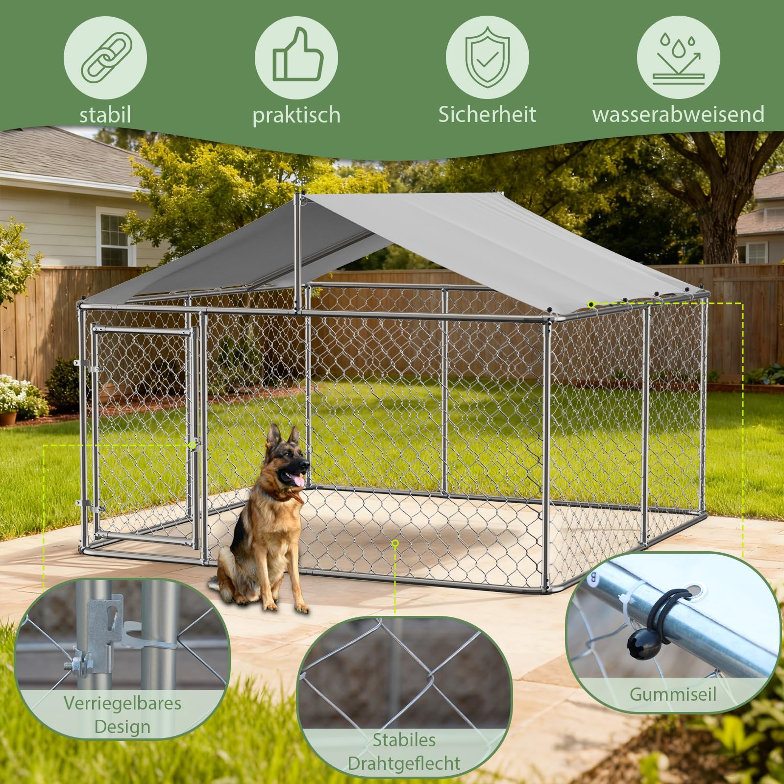 Outdoor Hundezwinger Mit Dach 230x230x117 cm Schwerlast Hundegehege Aus Verzinktem Stahlrohr Mit Verriegelbarer Sicherheitstür UV Beständiger Wasserdichter Abdeckplane Für Garten Terrasse Hof